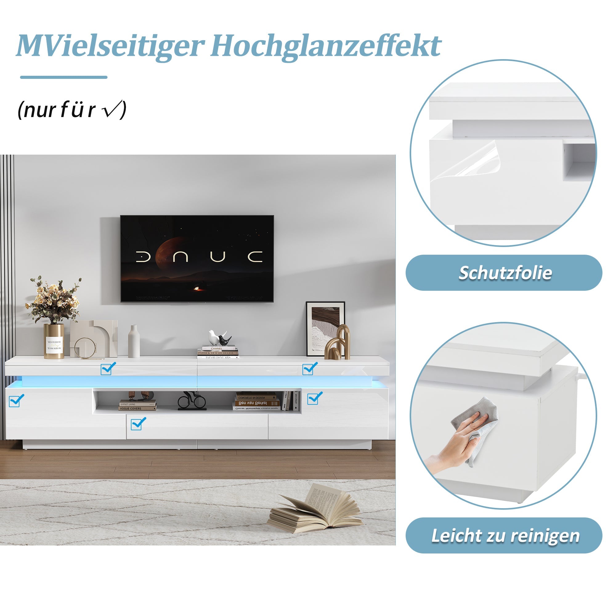 Logidon wit hoogglans LED lowboard 175x38x45 cm met 2 kasten