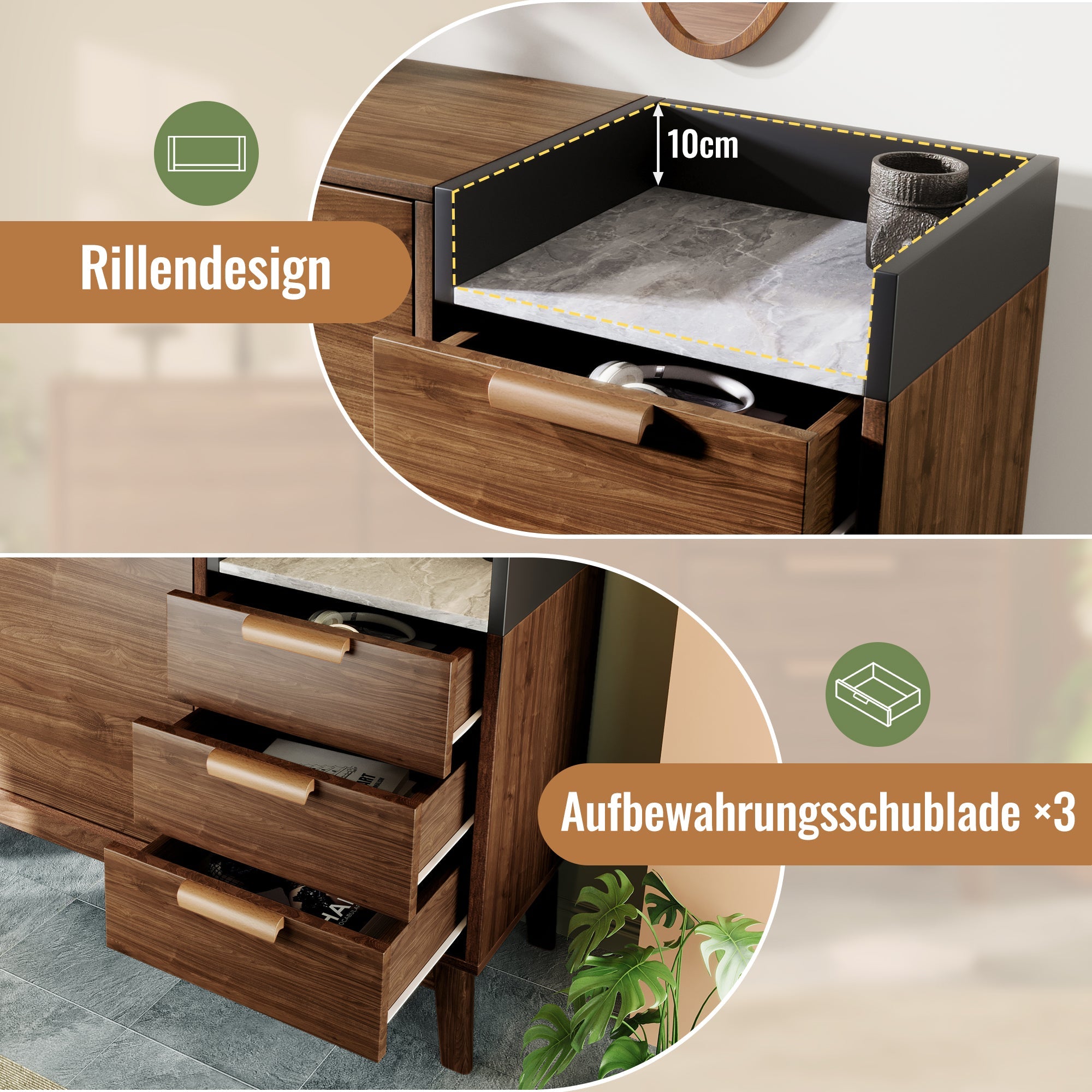 Logidon woonkamer ladekast eiken decor marmerlook blad 3 lades
