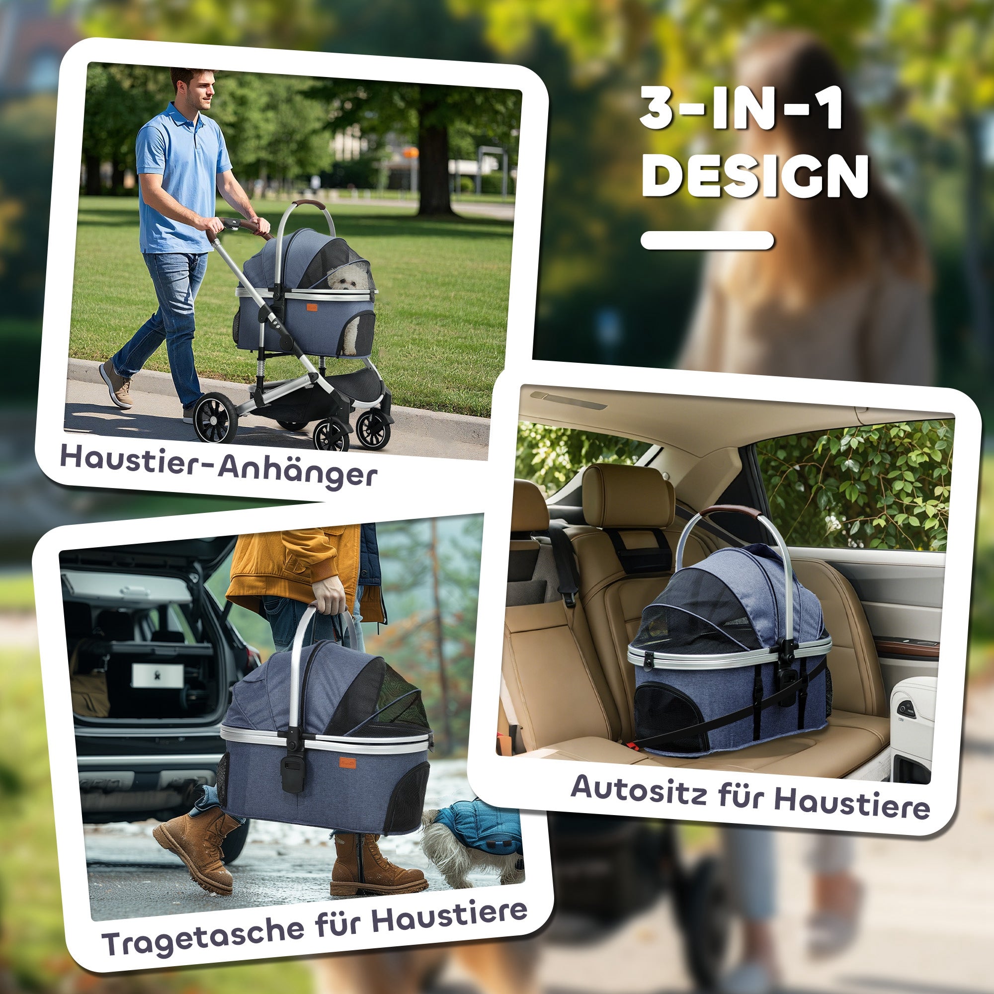 Logidon 3 in 1 hondenbuggy donkerblauw opvouwbaar tot 10 kg