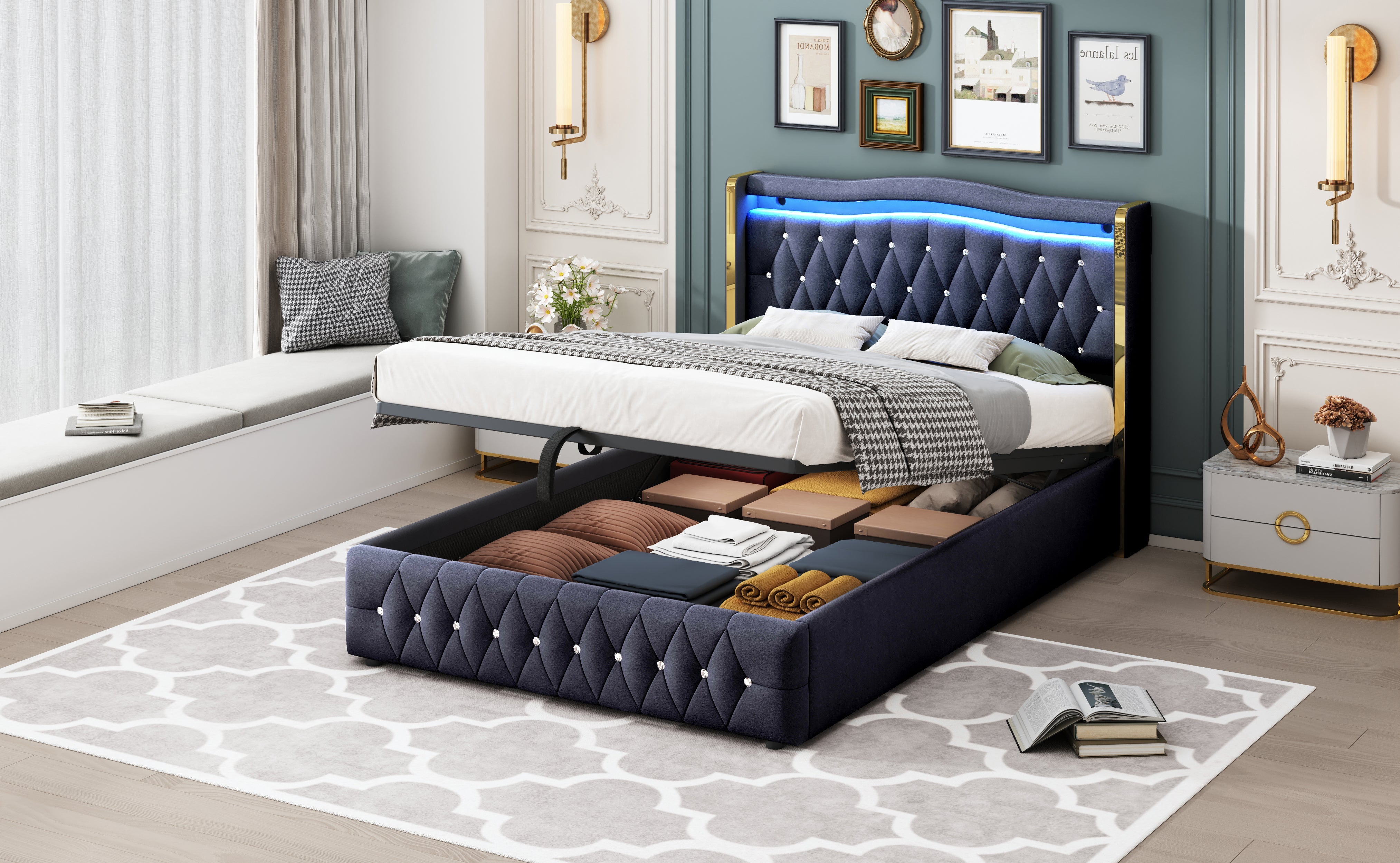 Logidon gestoffeerd bed 140x200 cm Velvet Black LED-verlichting
