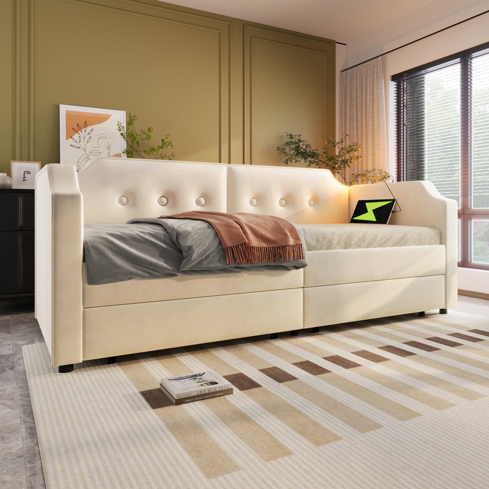 Logidon gestoffeerd bed 90x200 cm beige fluweel met USB-C oplaadpunt leeslampje