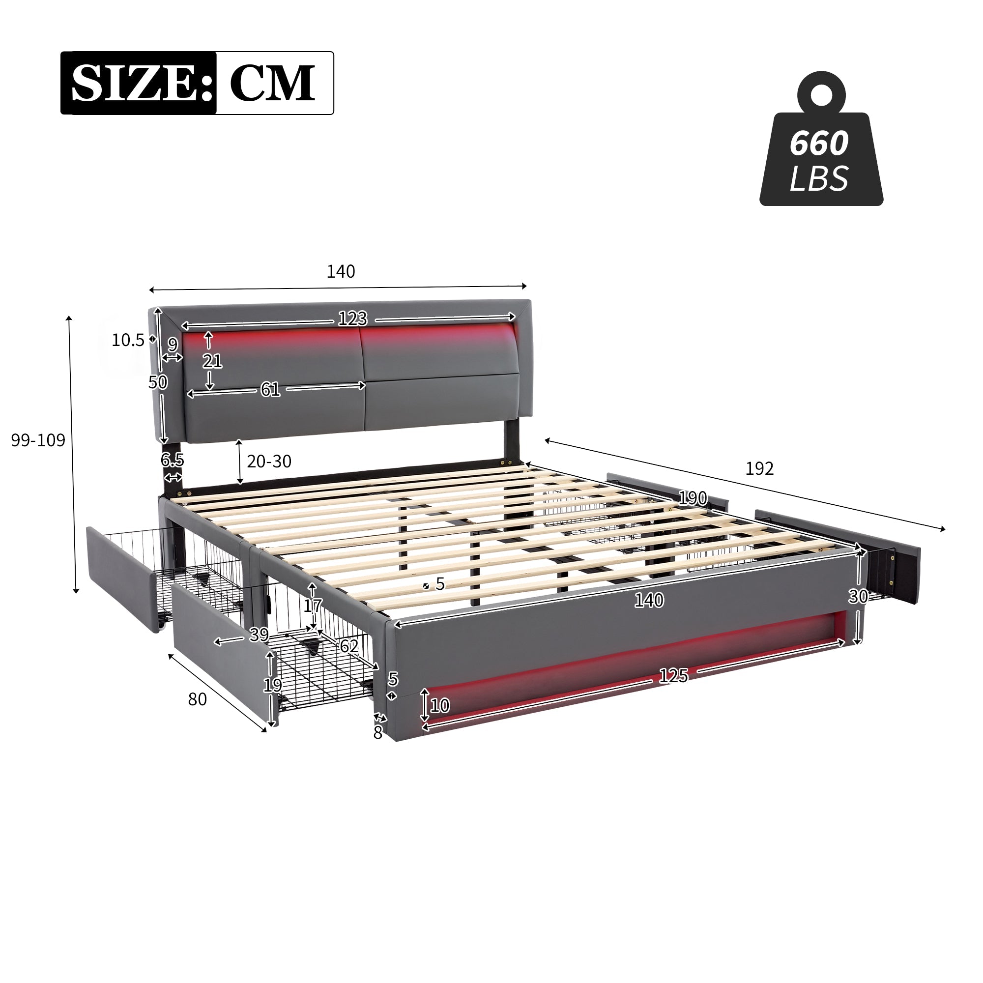 Logidon bed 140x190 grijs met USB-oplaadpoort LED-verlichting en 4 lades