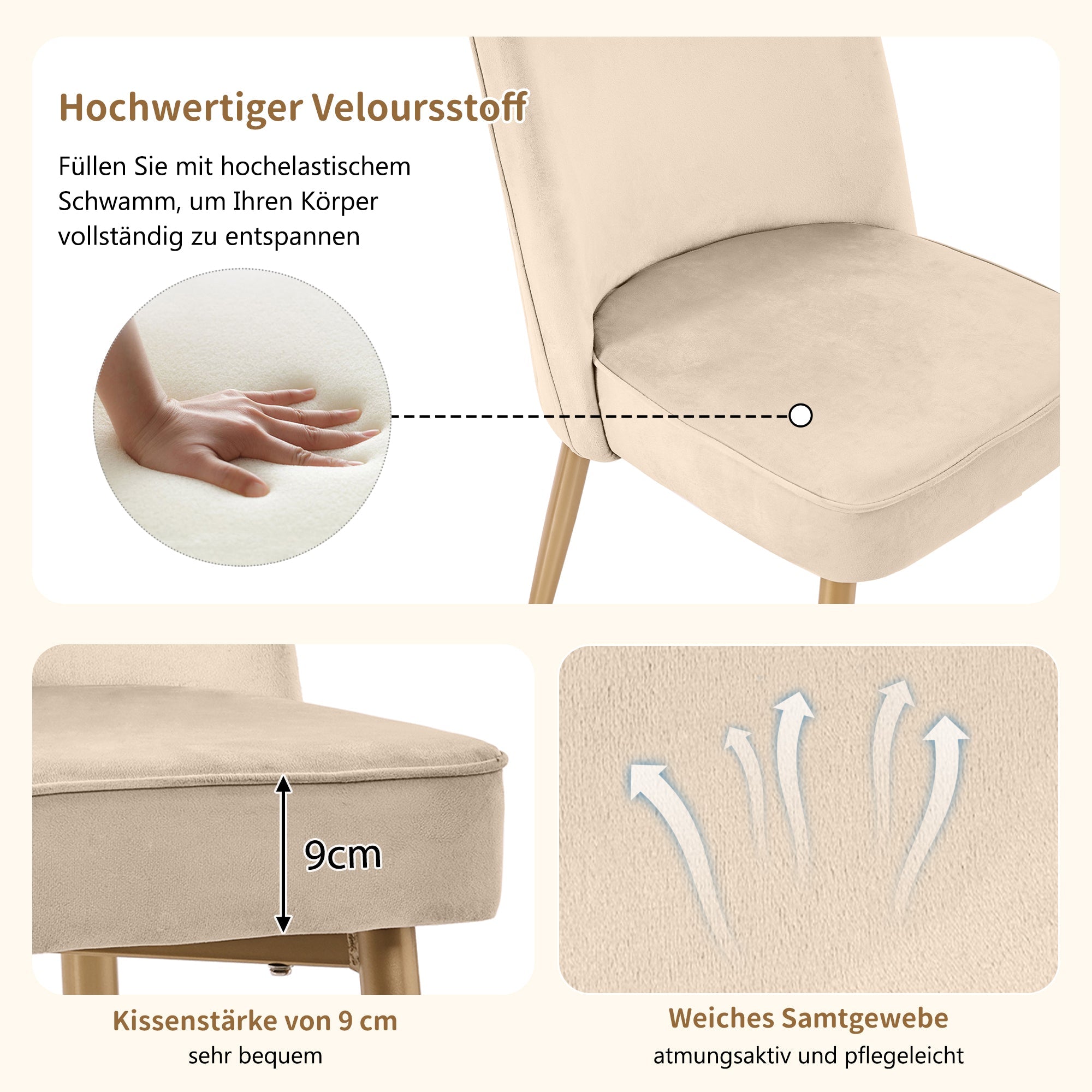 Logidon Eetkamerstoel Set van 6 Beige Fluweel Gouden Poten