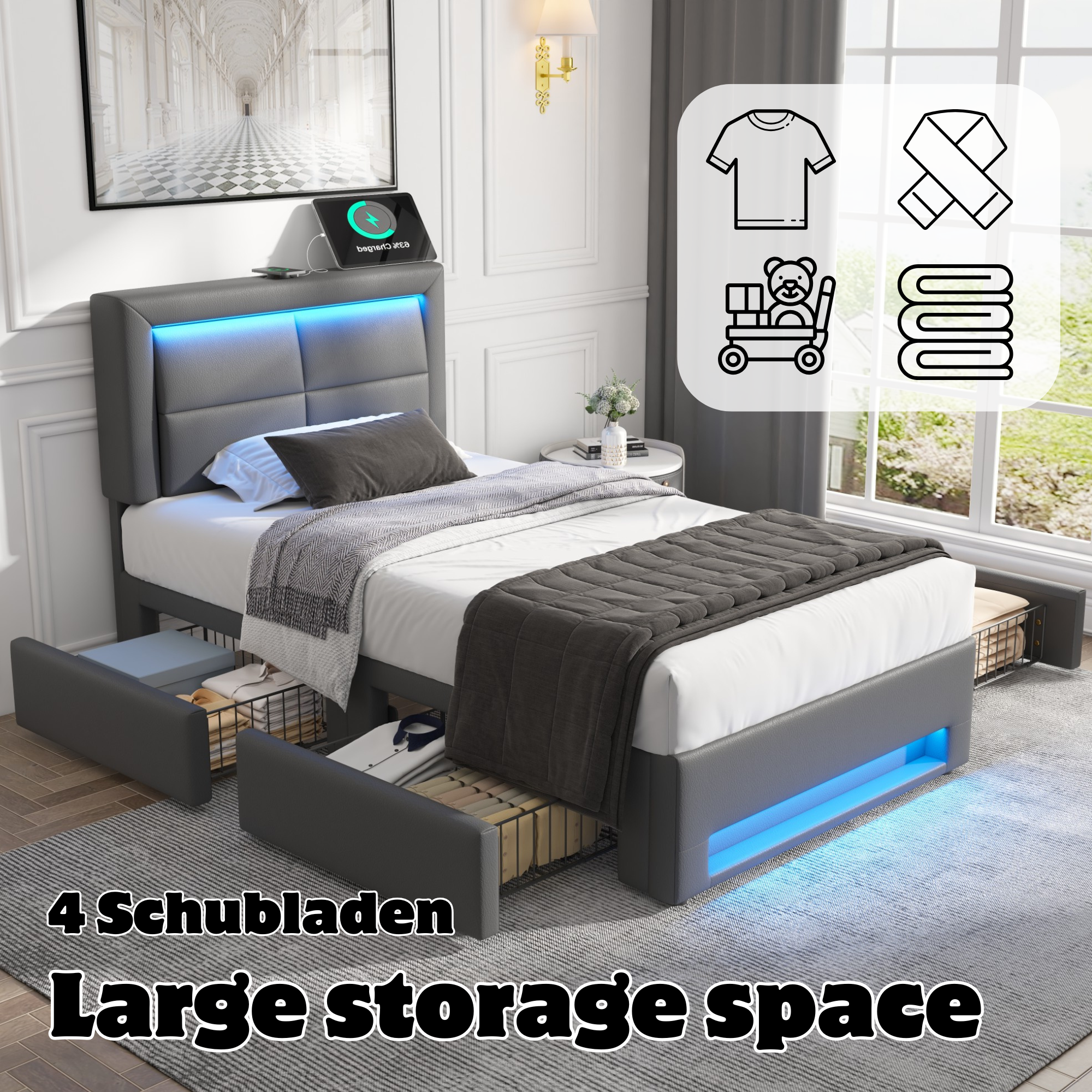 Logidon upholstered bed 90x200 cm with USB and LED lighting 4 drawers