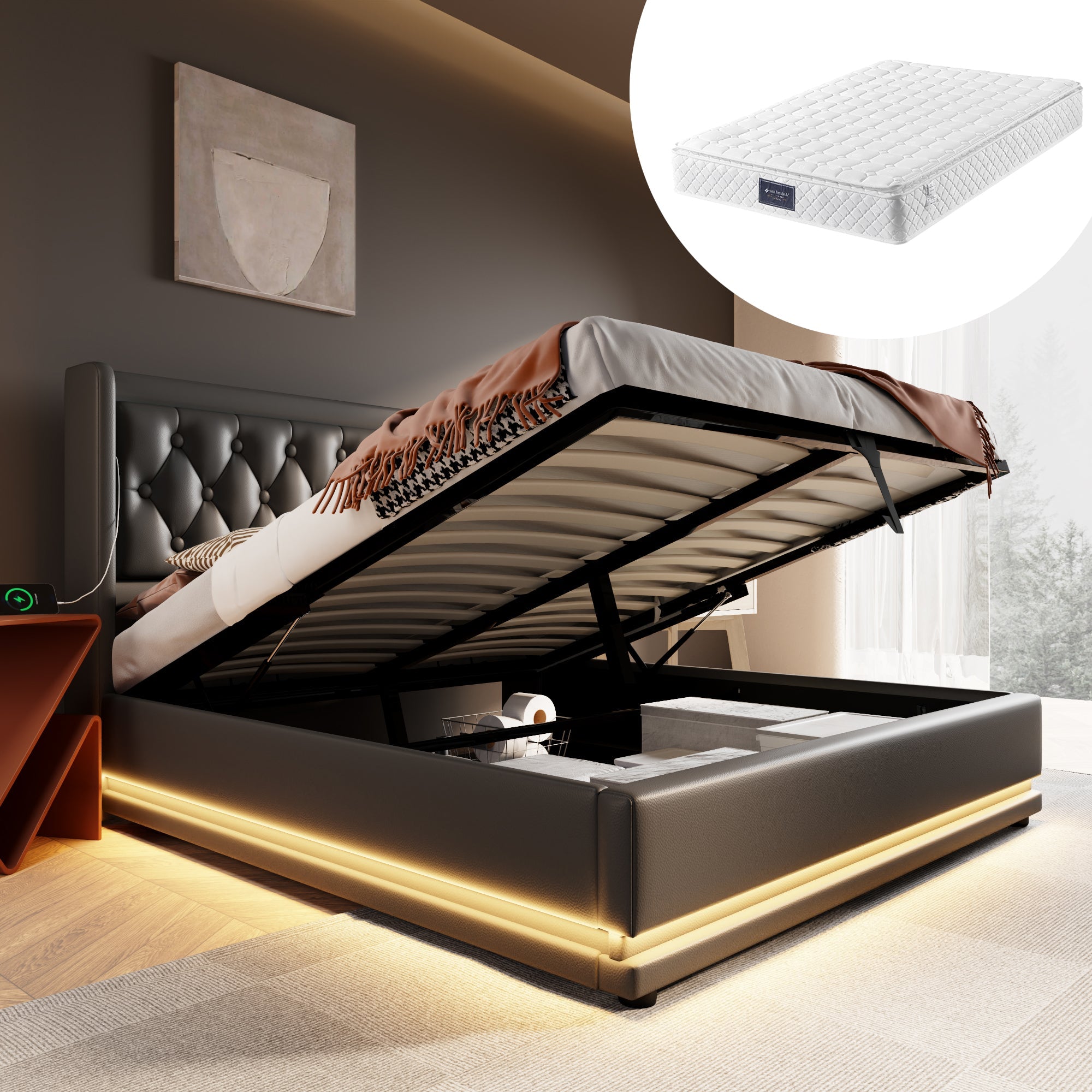 Logidon Upholstered Bed 160x200 Black PU Hydraulic Storage USB C