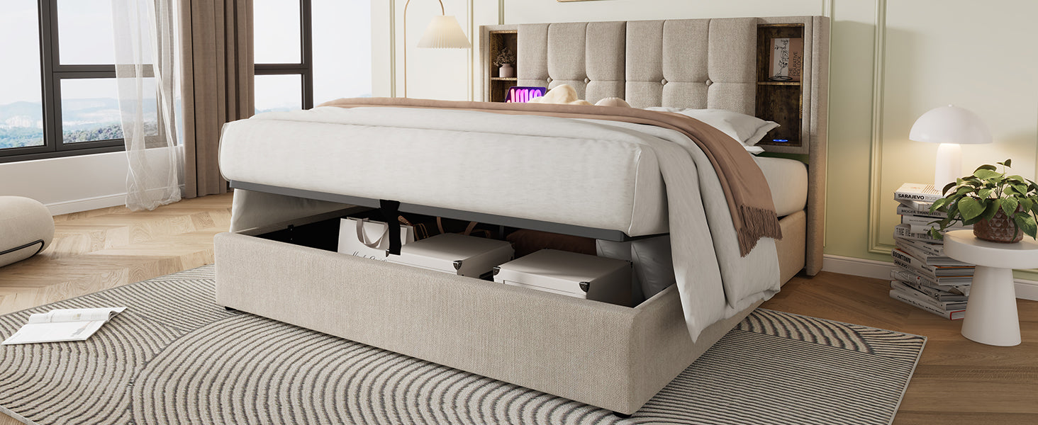 Logidon tweepersoonsbed 180x200 natuurlijk linnen draadloos opladen USB-C opslagruimte