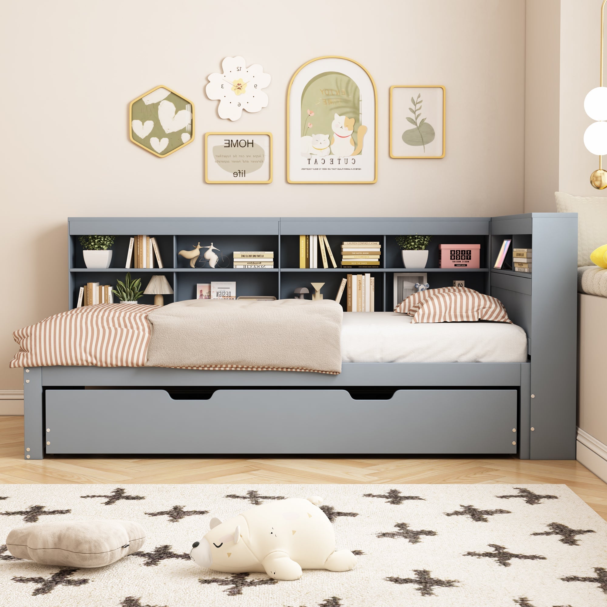 Logidon slaapbank 90x200 cm, uitschuifbaar bed 90x190, grijs