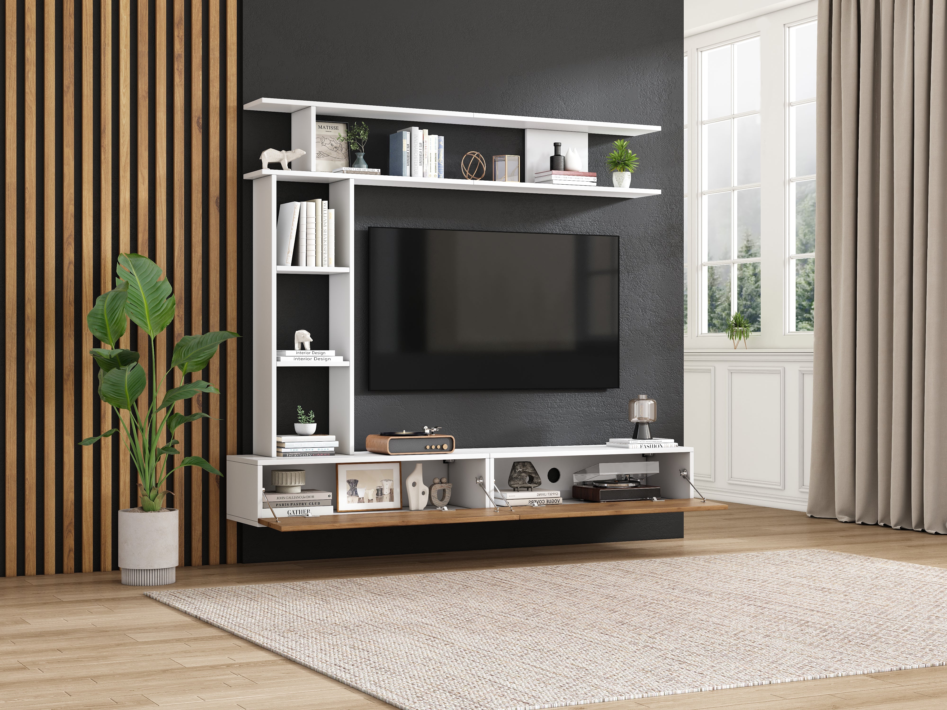 Logidon TV wandmeubel 180 cm wit houtlook met vitrinekasten