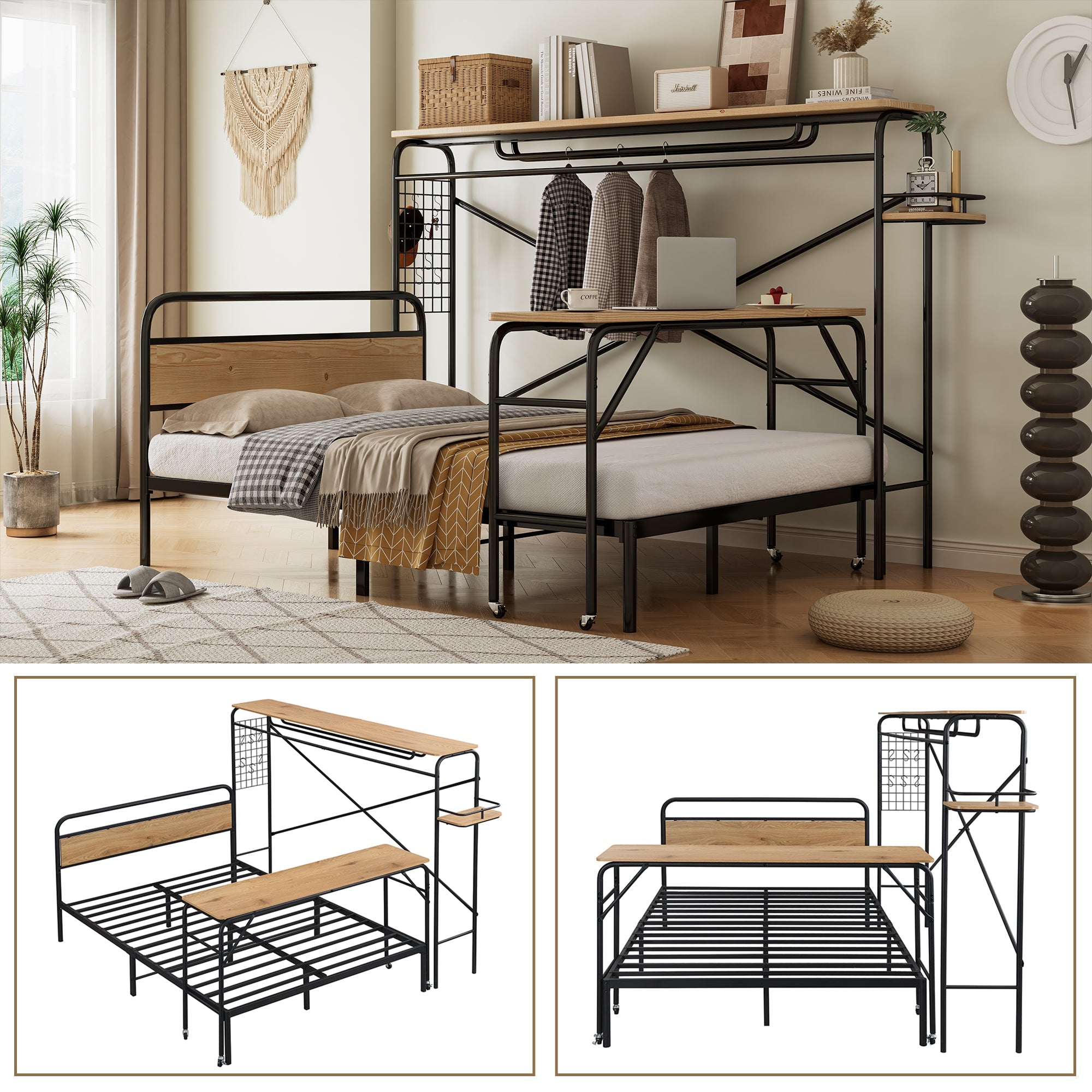 Logidon metalen bed 140x200 met tafelkapstok zwart naturel