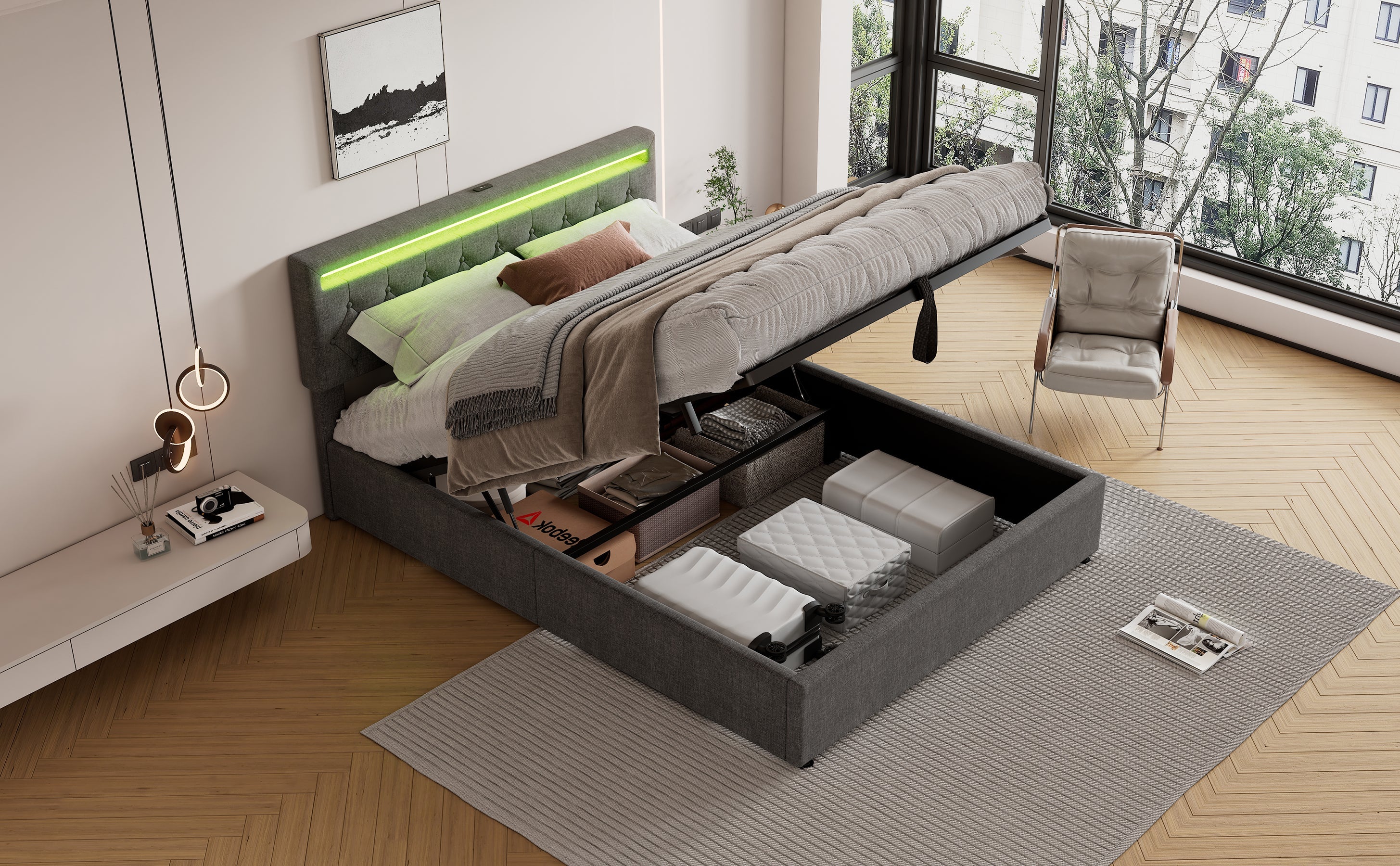 Logidon grijs gestoffeerd bed 160x200 cm met LED Ambient USB-C