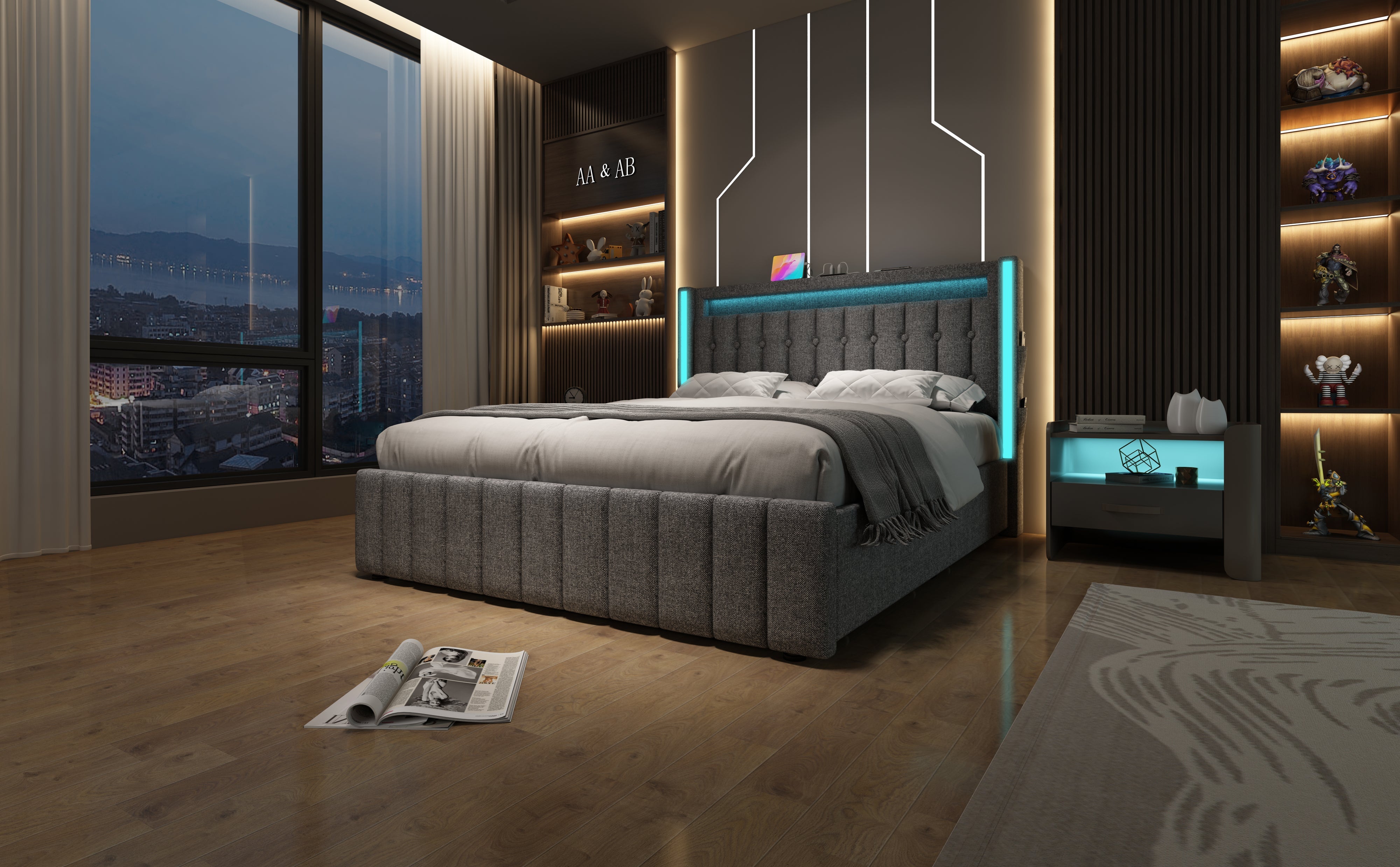 Logidon gestoffeerd bed 140x200 met USB C LED verlichting 4 vakken grijs