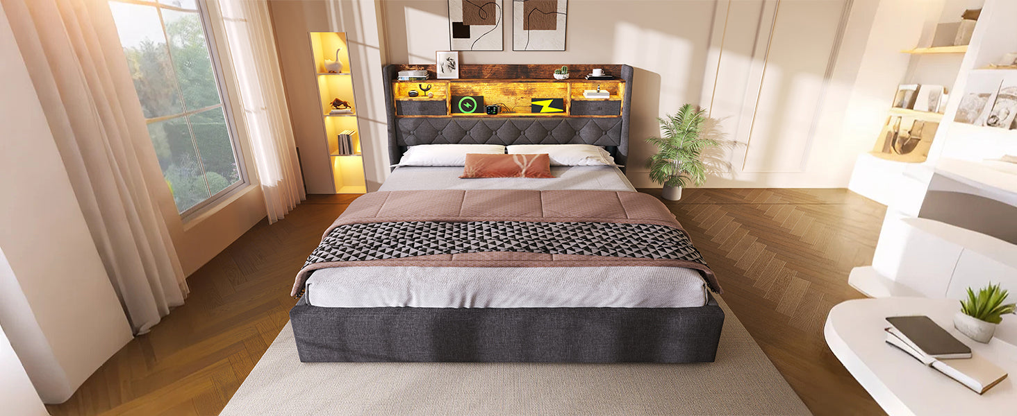 Logidon gestoffeerd bed 160x200 cm met opbergruimte, LED-hoofdbord, USB-C