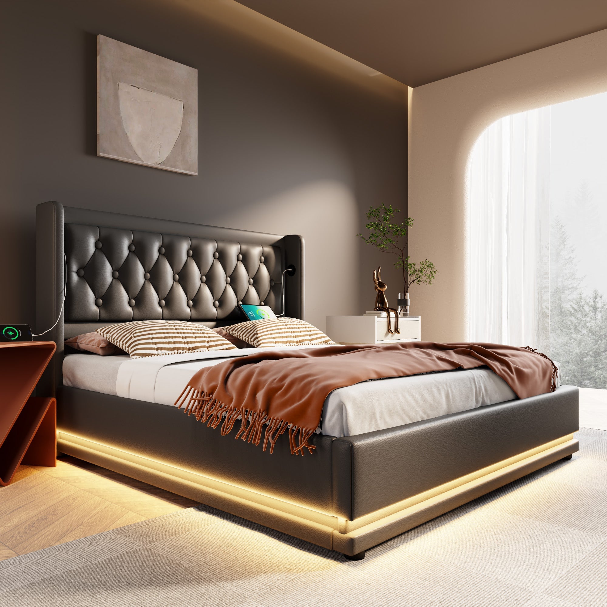 Logidon gestoffeerd bed 140x200 cm zwart PU met opbergruimte USB-C LED