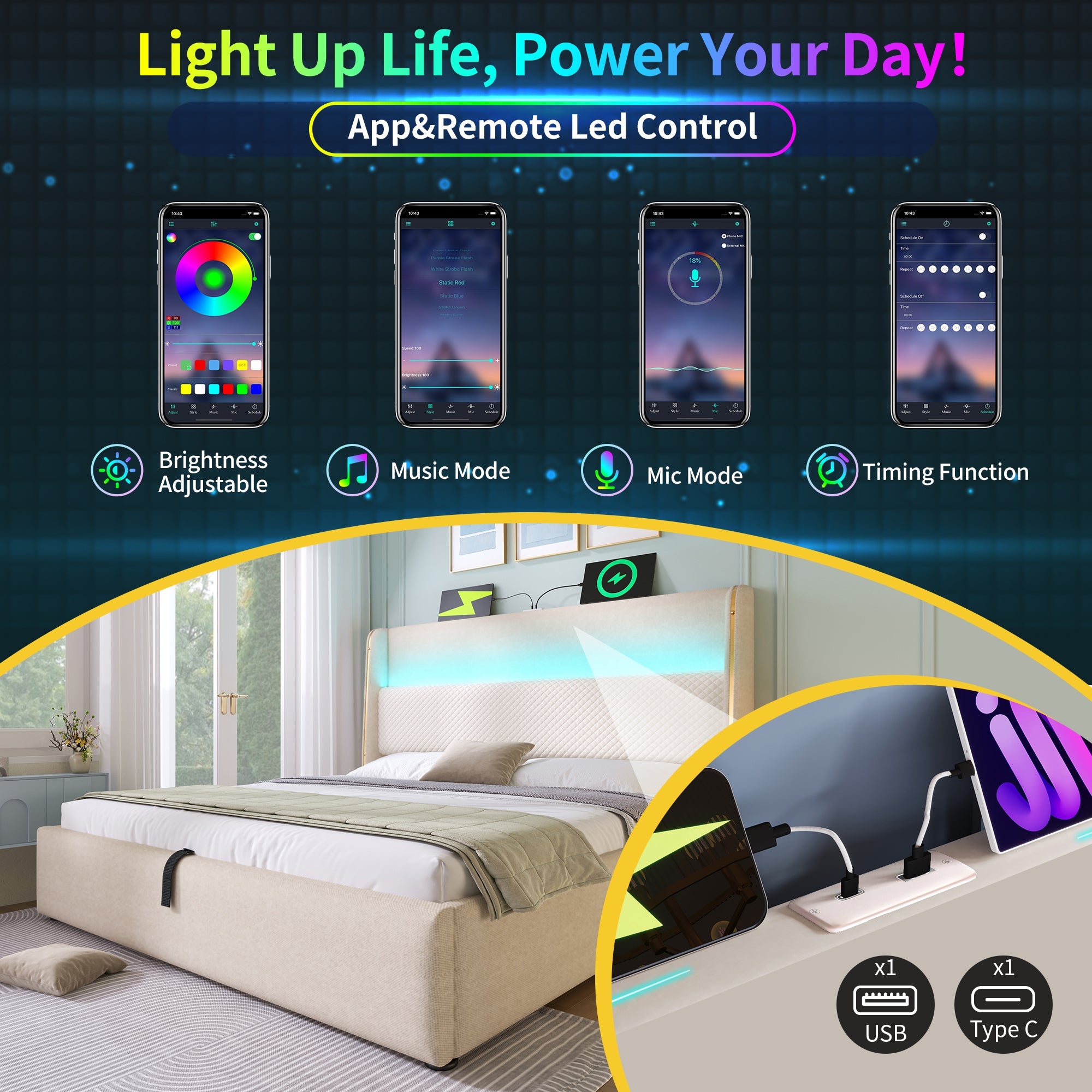 Logidon hydraulisch bed 140x200 beige linnenlook met LED