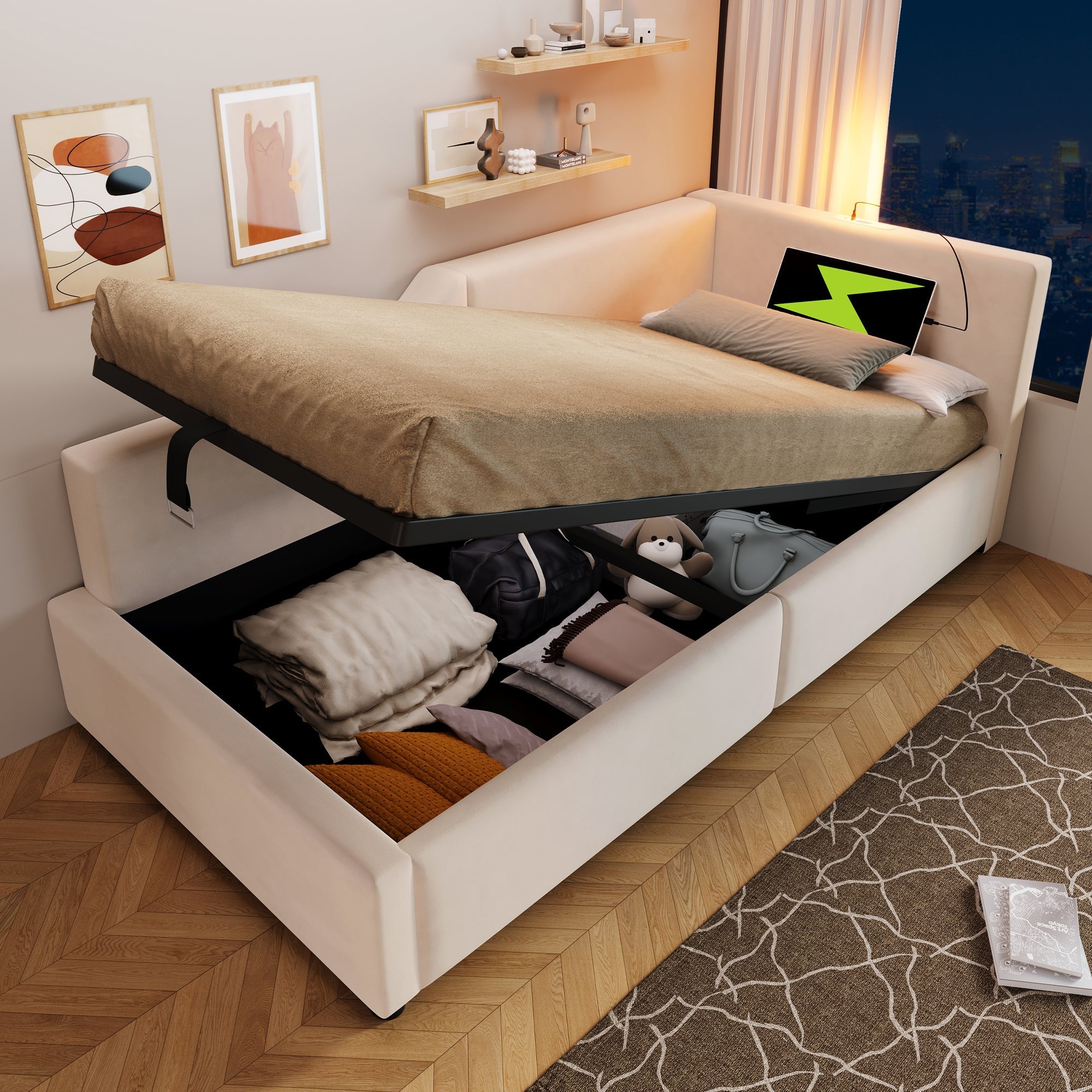 Logidon gestoffeerd bed 90x200 beige fluweel met opbergruimte USB oplaadfunctie