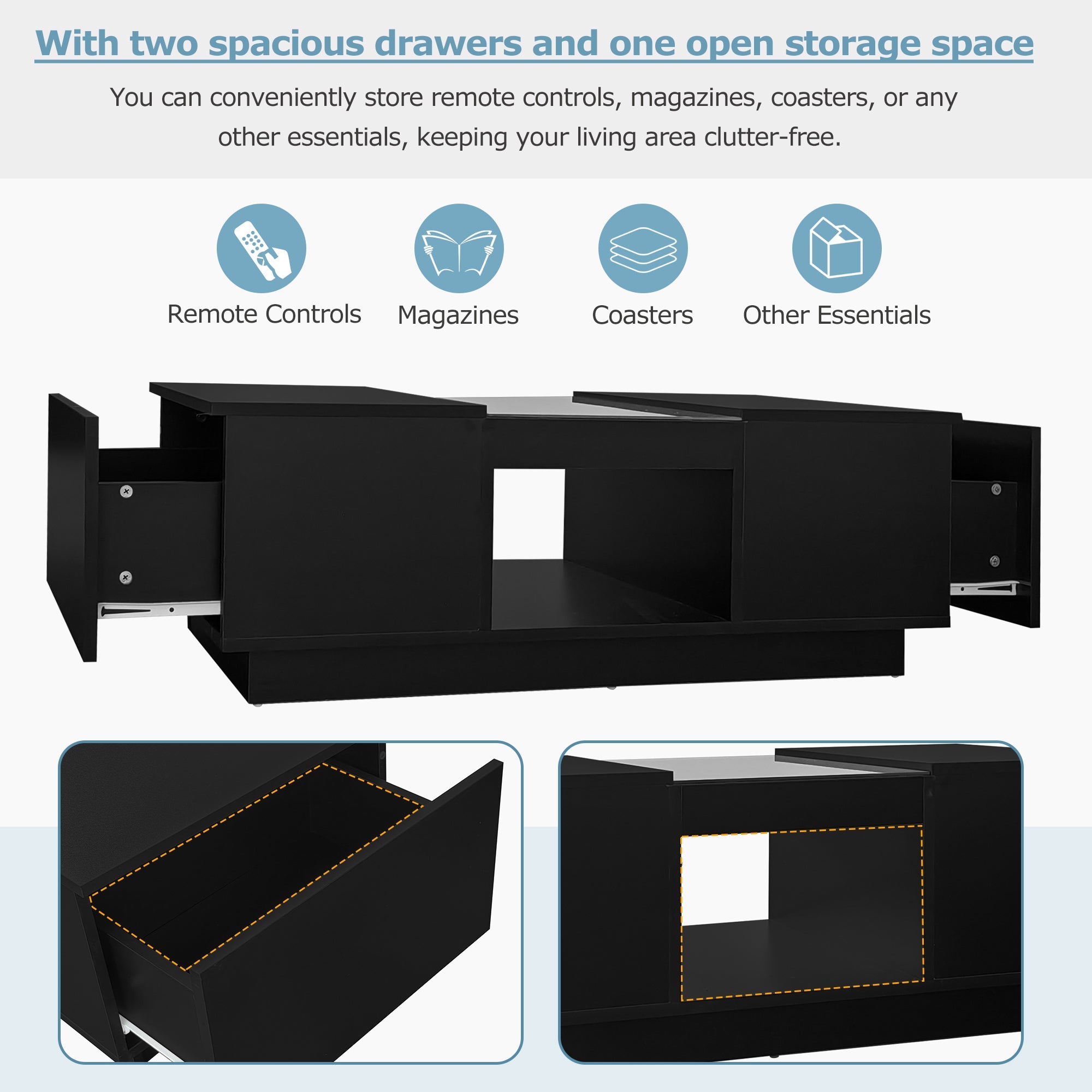 Logidon Zwarte salontafel 100x50x35,5 cm glaspanelen LED
