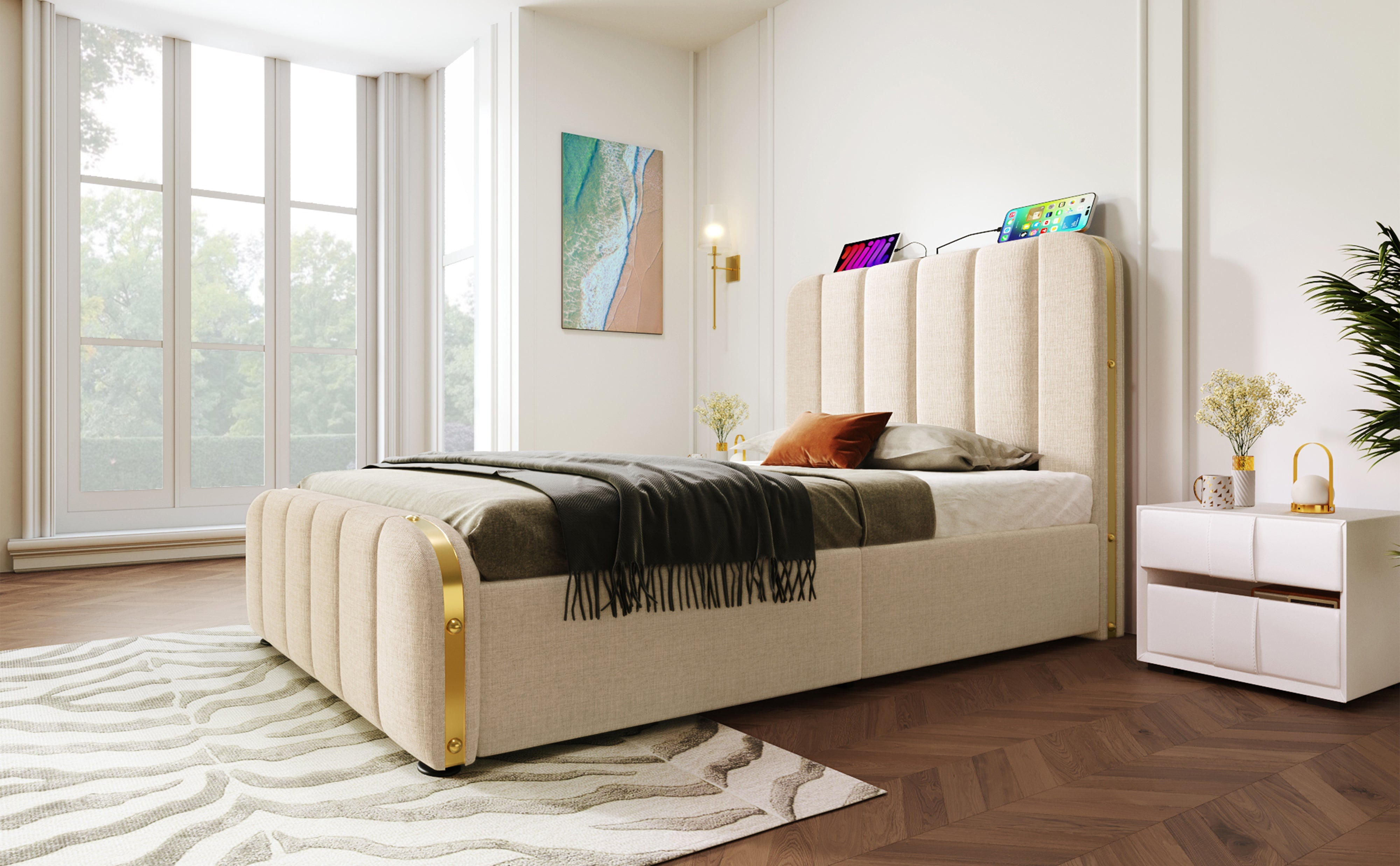 Logidon gestoffeerd bed 90x200 beige USB Type C oplaadfunctie 4 lades