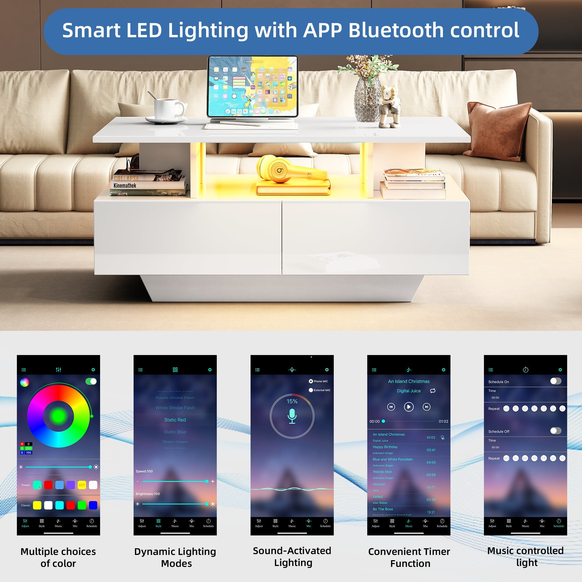 Logidon hoogglans salontafel LED, 2 lades, 90x55x41 cm wit
