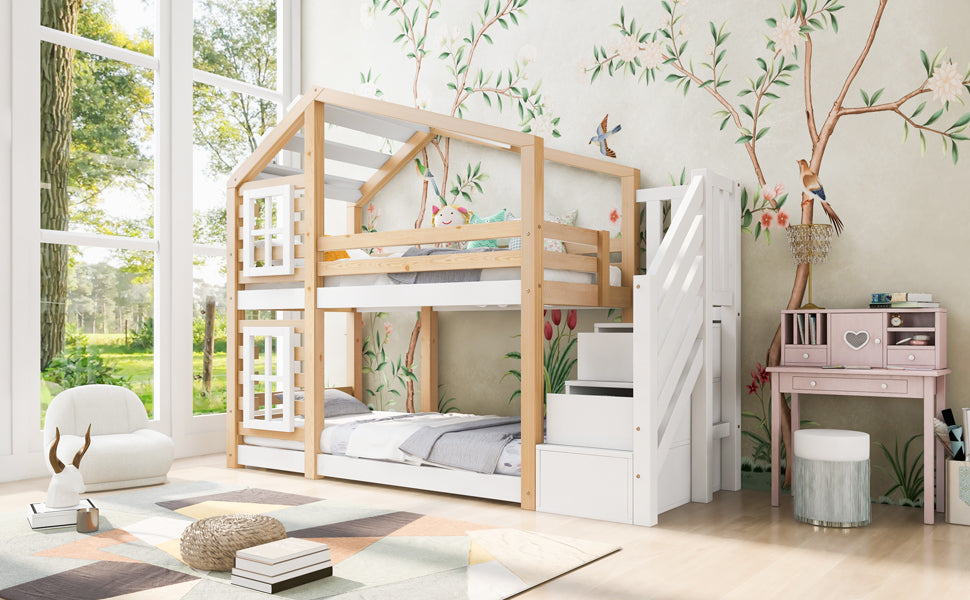 Logidon kinderbed boomhut 90x200 naturel wit valbeveiliging