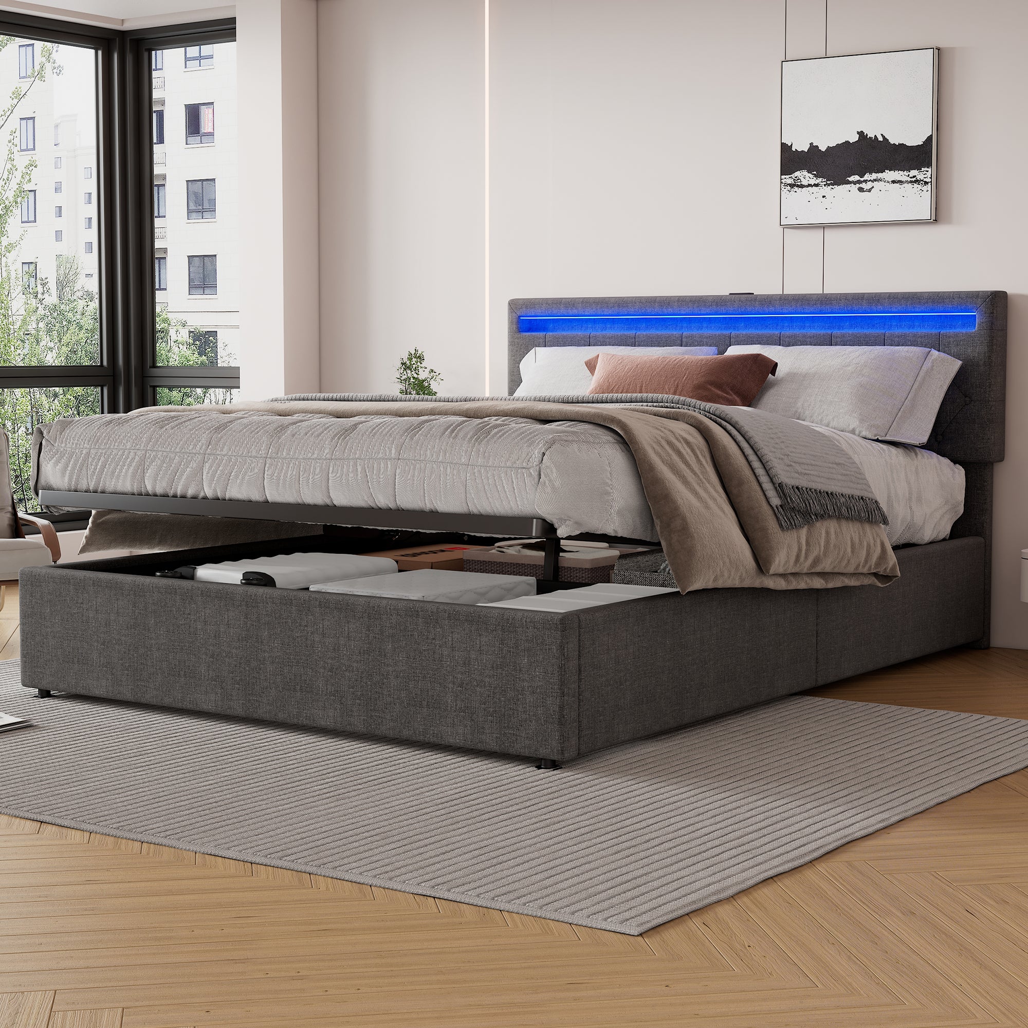 Logidon grijs gestoffeerd bed 160x200 cm met LED Ambient USB-C