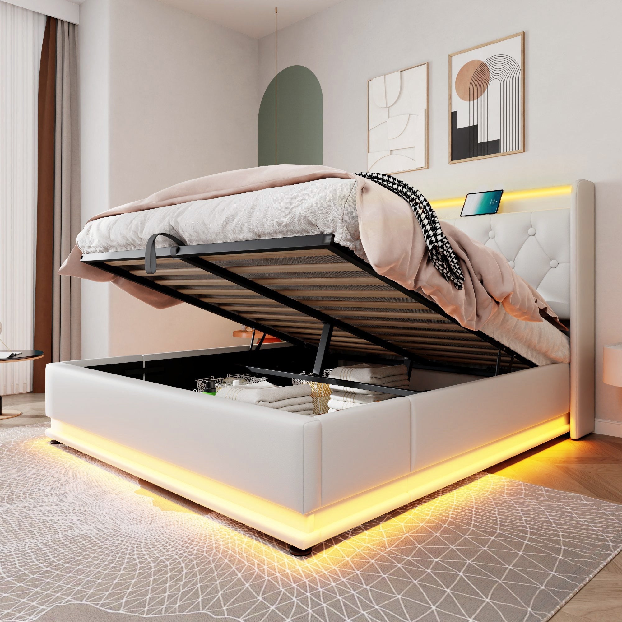Logidon gestoffeerd bed tweepersoonsbed 140x200 cm wit PU 360 Surround LED