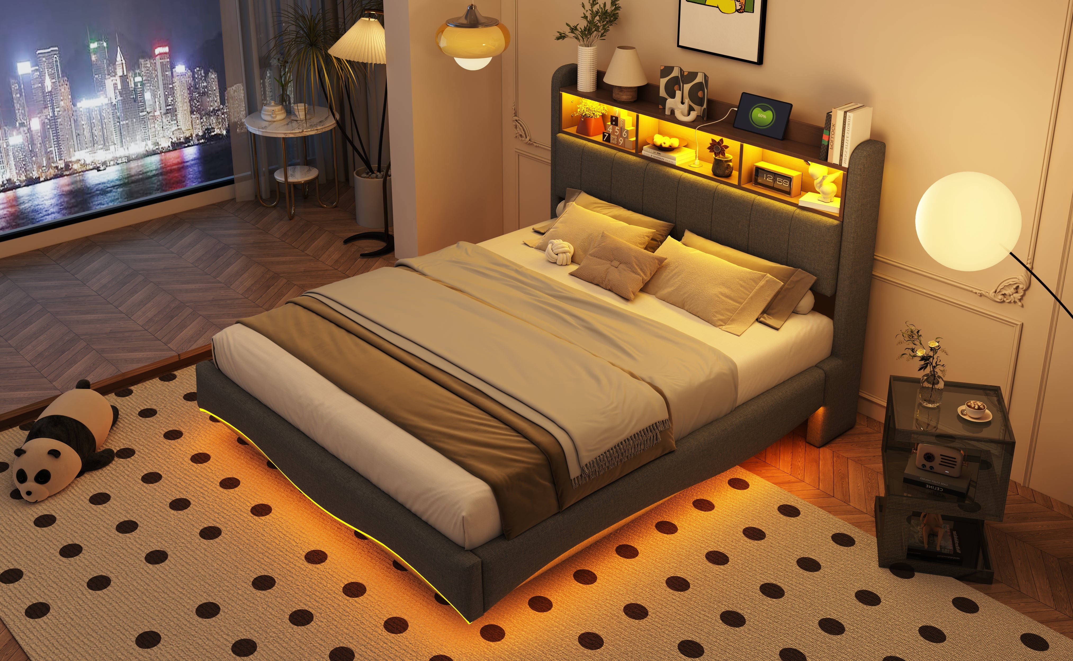 Logidon upholstered bed 140x200 gray with LED light USB storage space