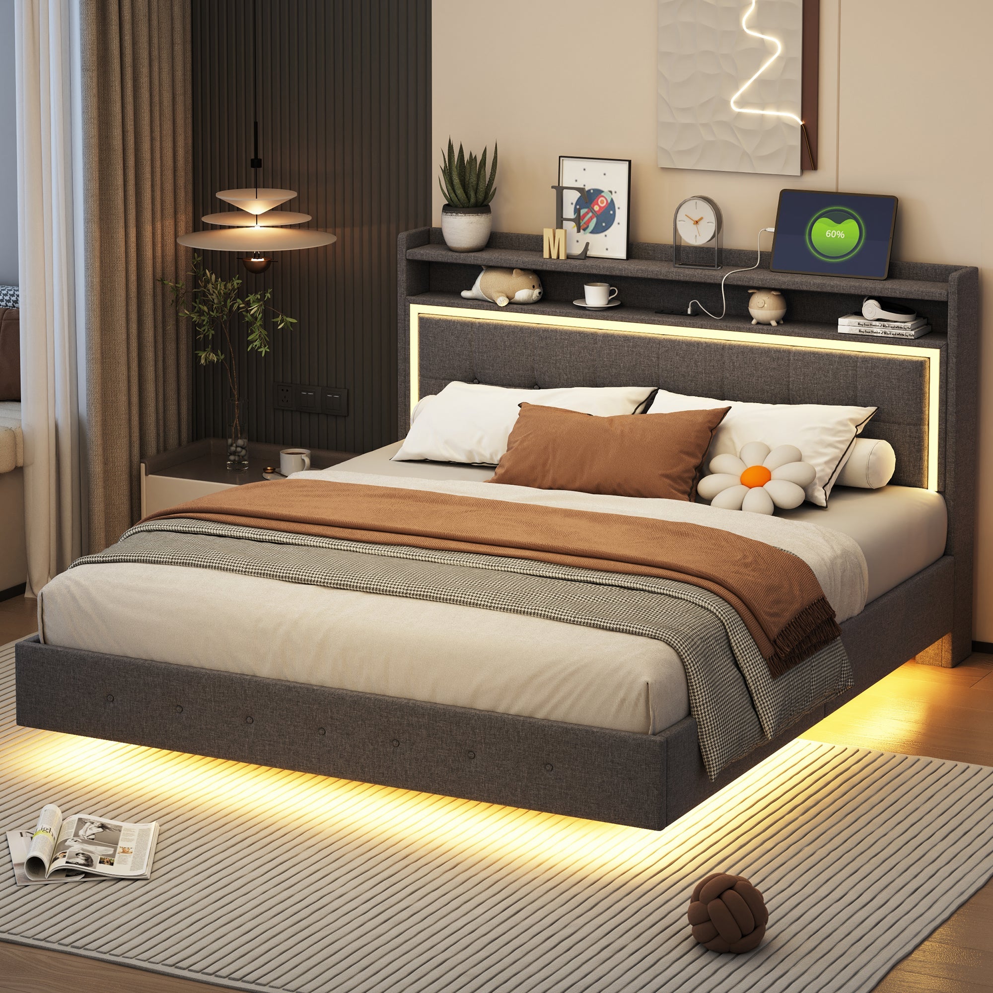Logidon gestoffeerd bed 160x200 met USB-oplaadfunctie en LED lichtgrijs