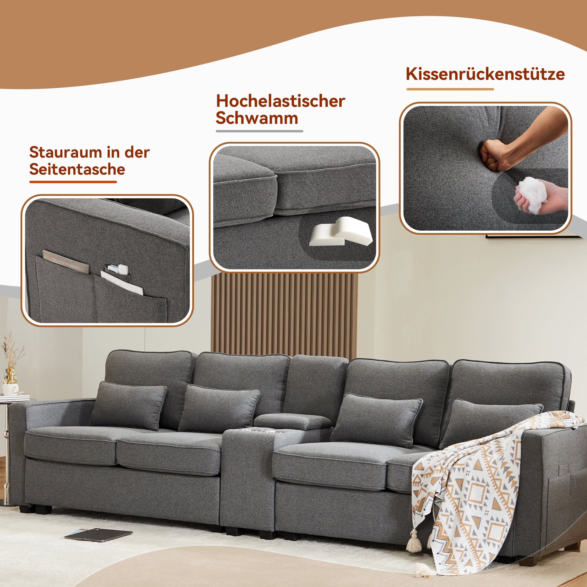 Logidon moderne 4-zits linnen bank donkergrijs met USB-oplaadpoorten