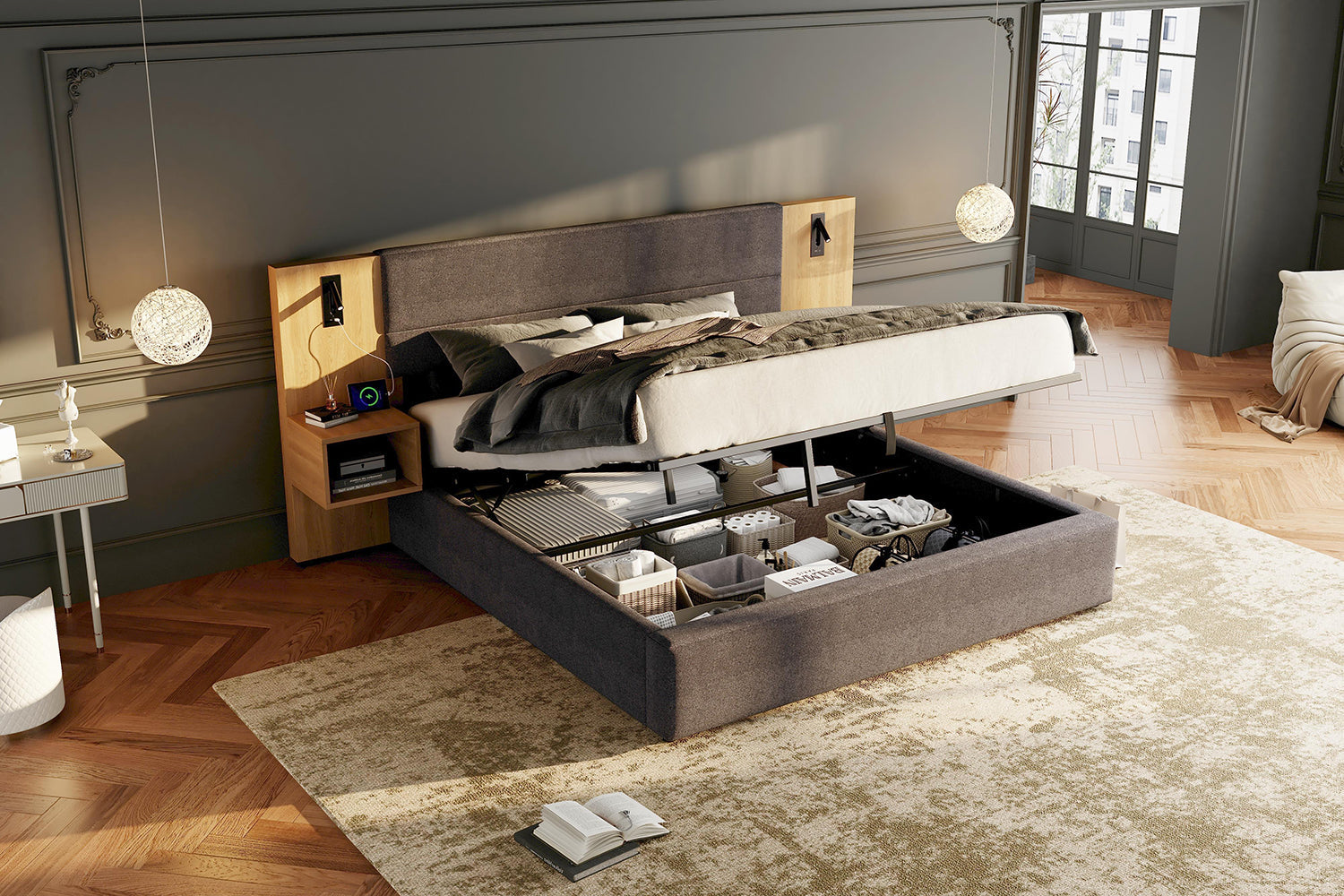Logidon gestoffeerd bed 160x200 cm fluweelgrijs USB-oplaadfunctie opbergruimte