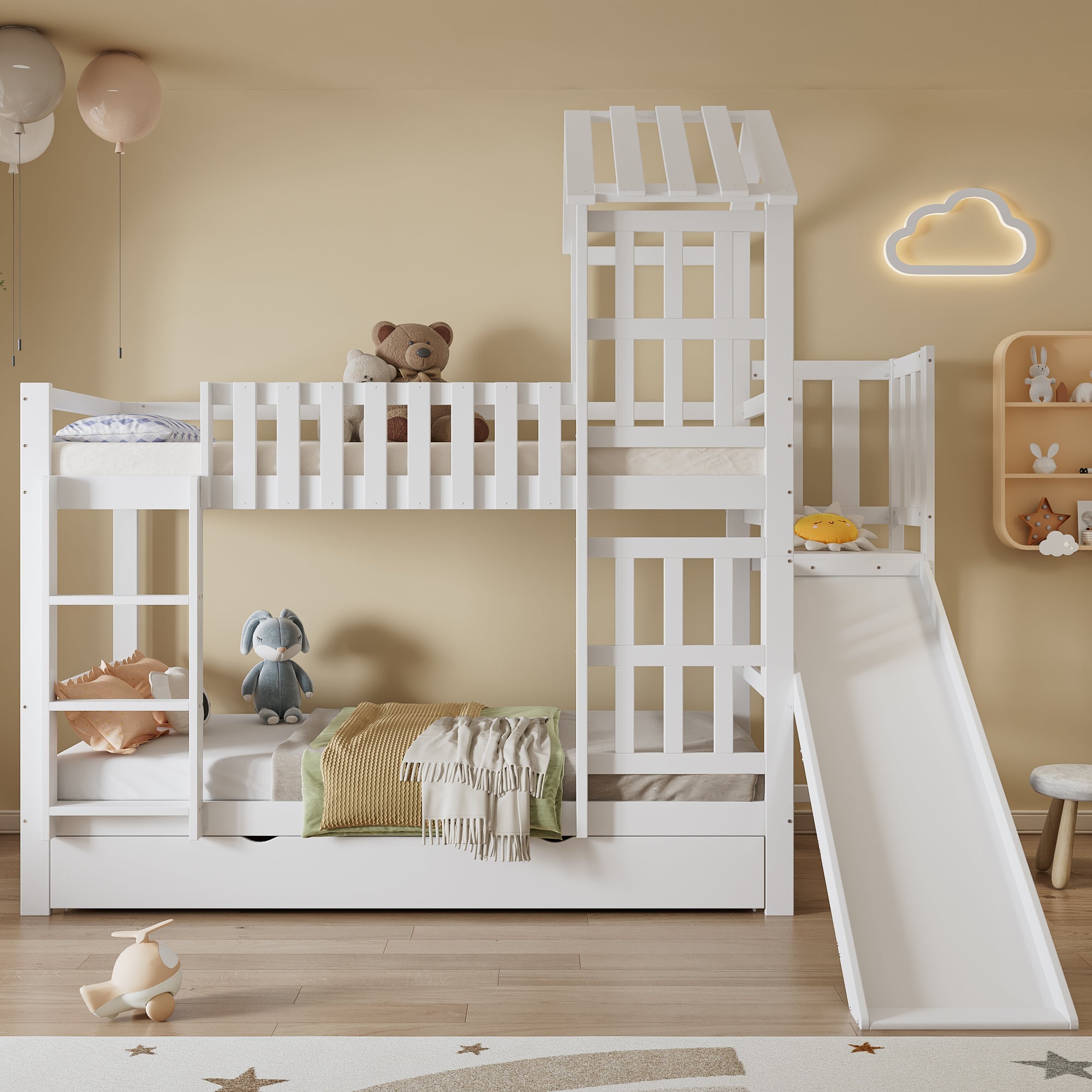 Logidon stapelbed met glijbaan en grote lade 90x200 wit