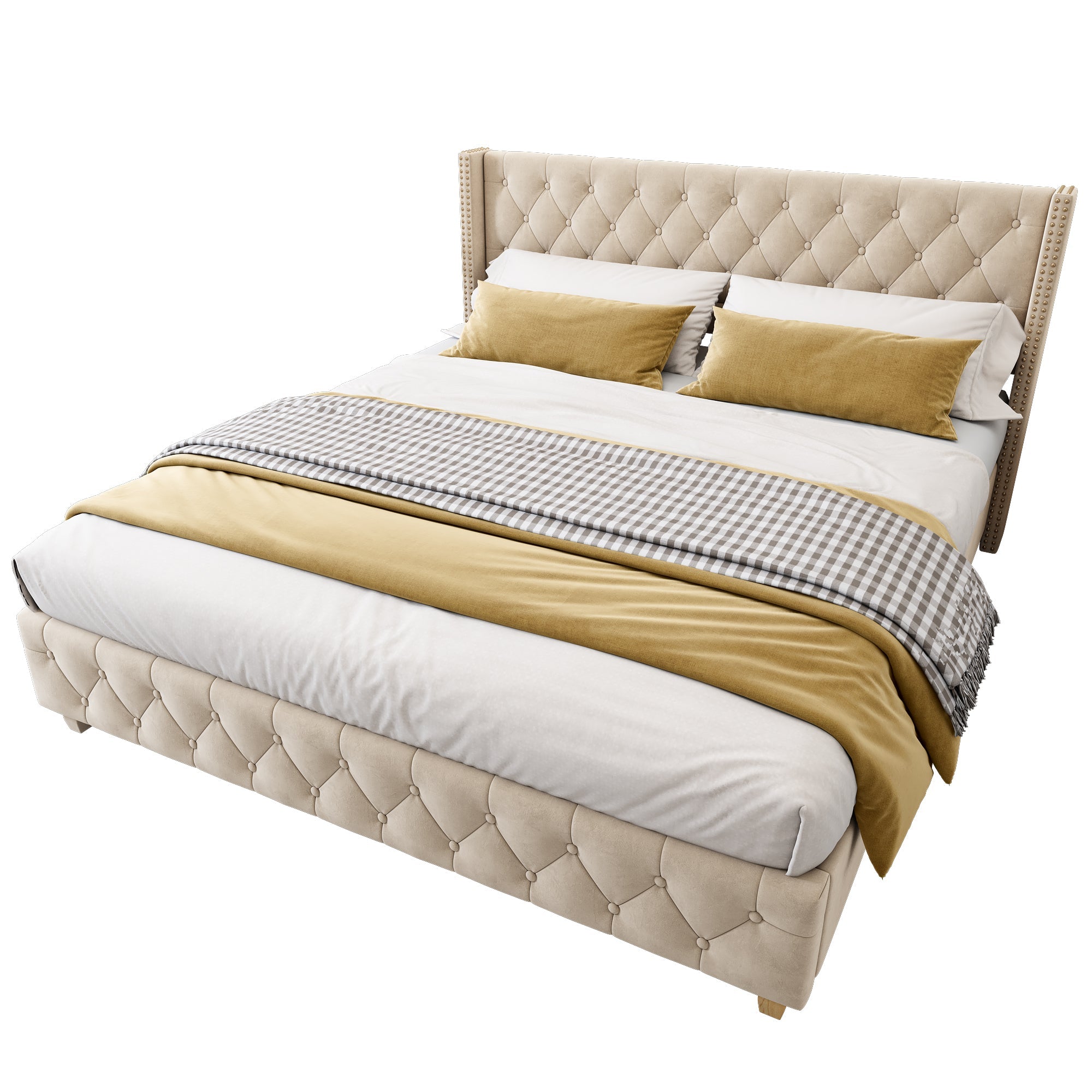 Logidon gestoffeerd bed 160x200 cm fluweel lichtbeige met lattenbodem