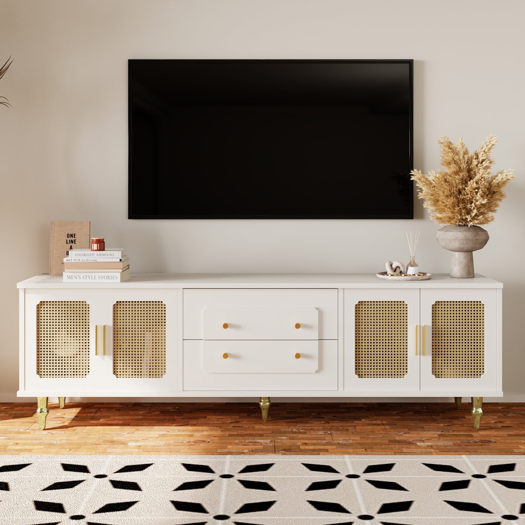 Logidon Lowboard White Retro Style TV Furniture with Golden Handles