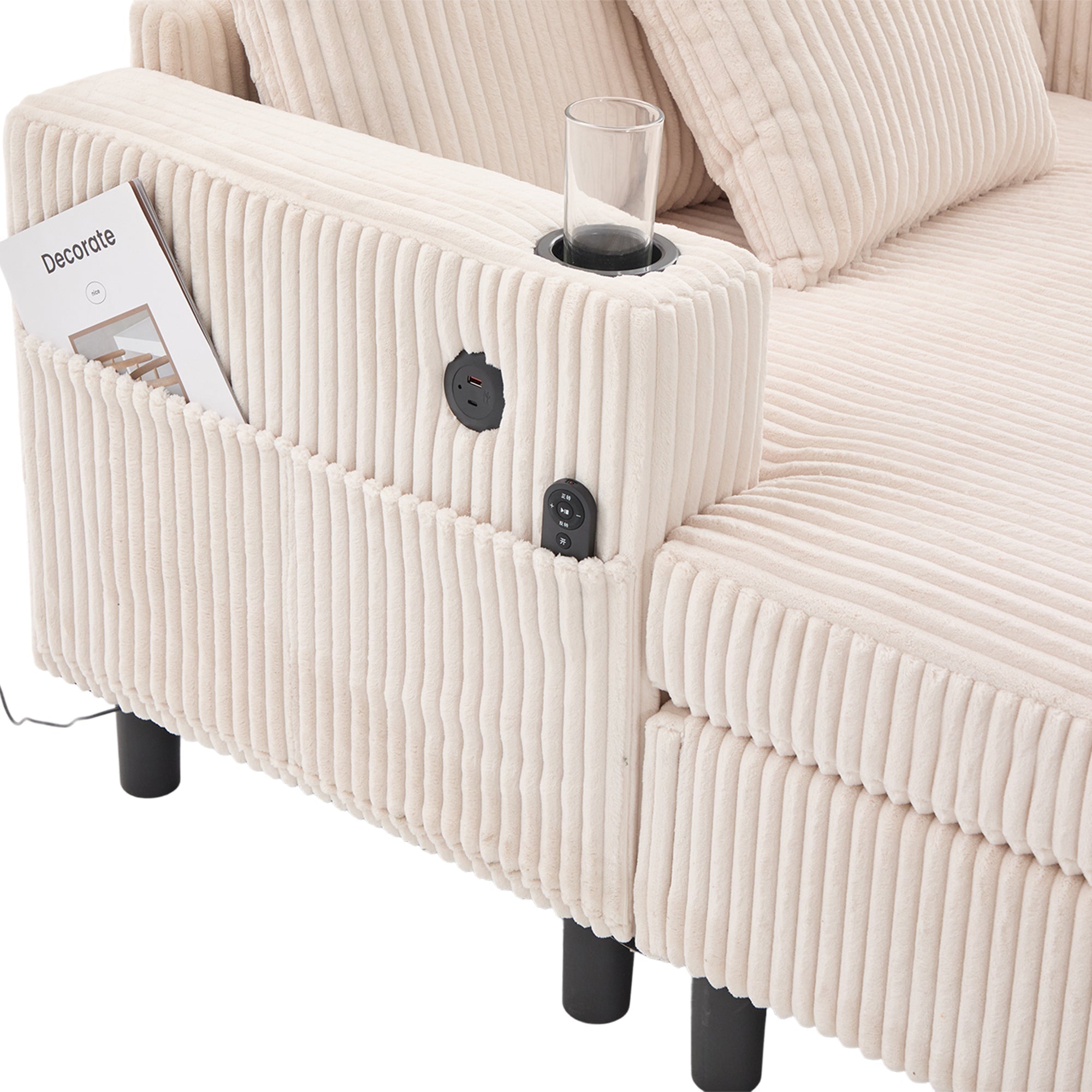 Logidon Chaise Longue Ligstoel Beige Fluweel Met USB LED-verlichting
