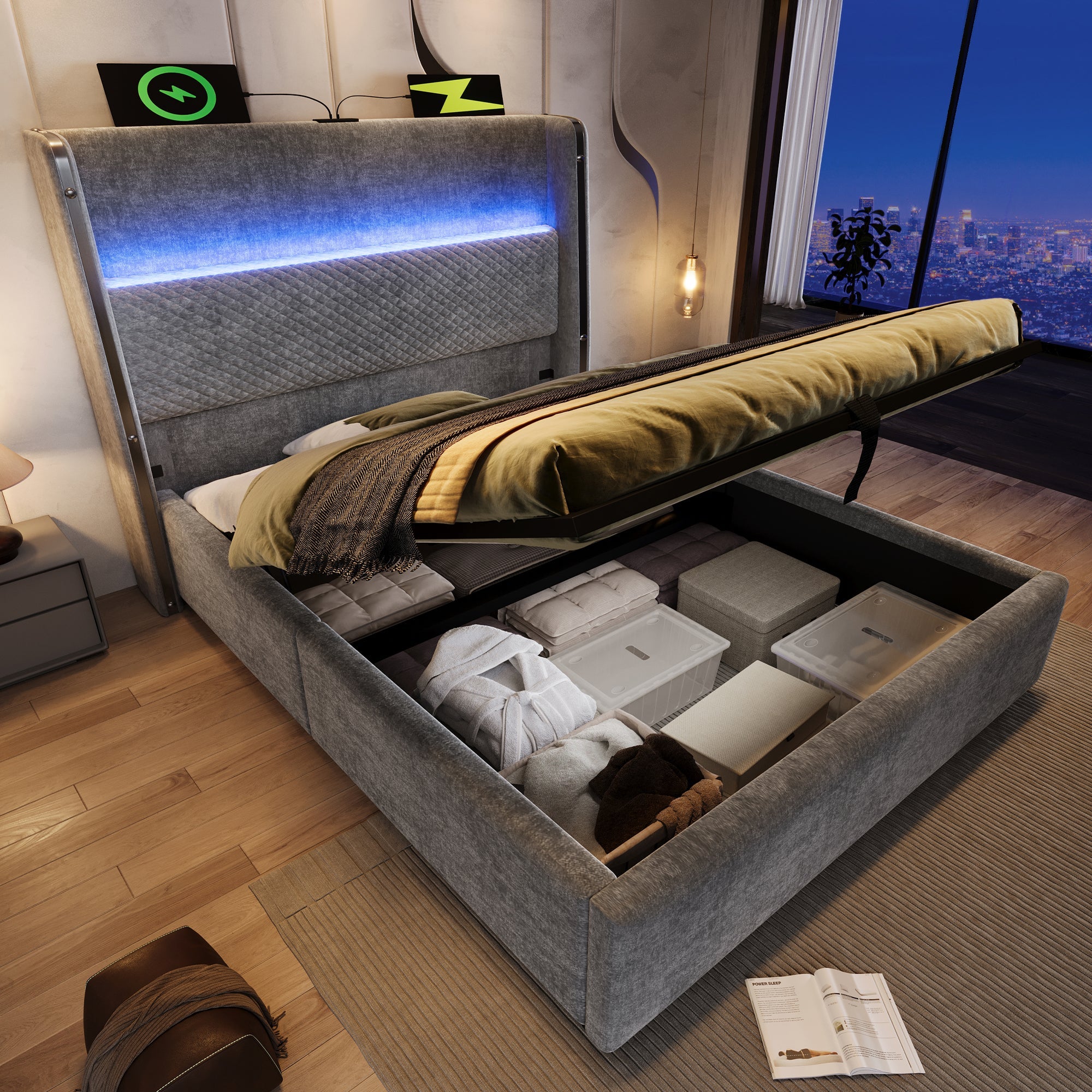 Logidon hydraulisch bed 90x200 grijs linnenlook met opbergruimte LED