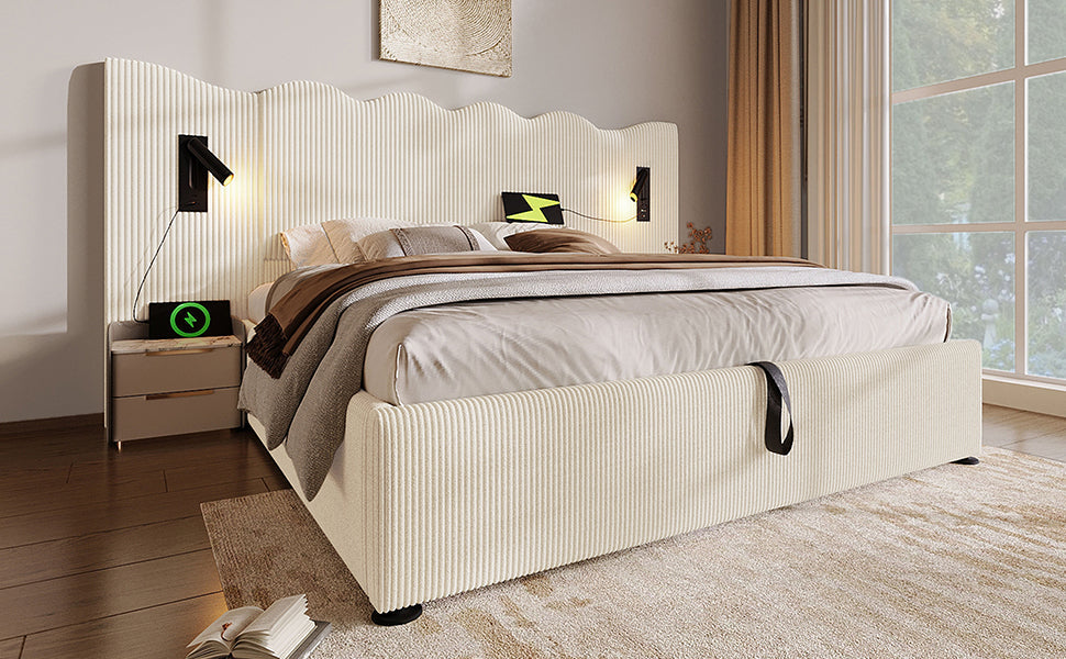 Logidon gestoffeerd bed beige-wit 160x200 met leeslamp USB-C oplaadfunctie