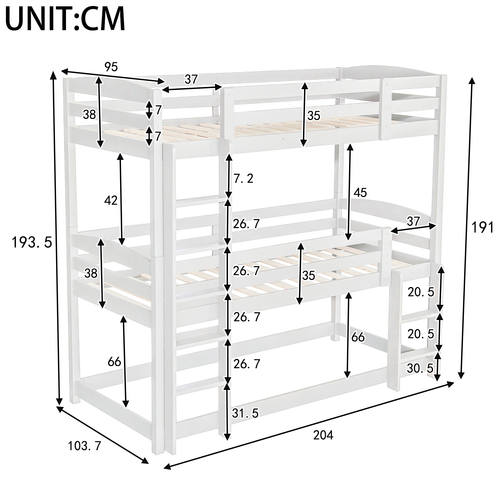 Logidon 3-persoonsstapelbed 90x200 cm wit hout - zonder matras
