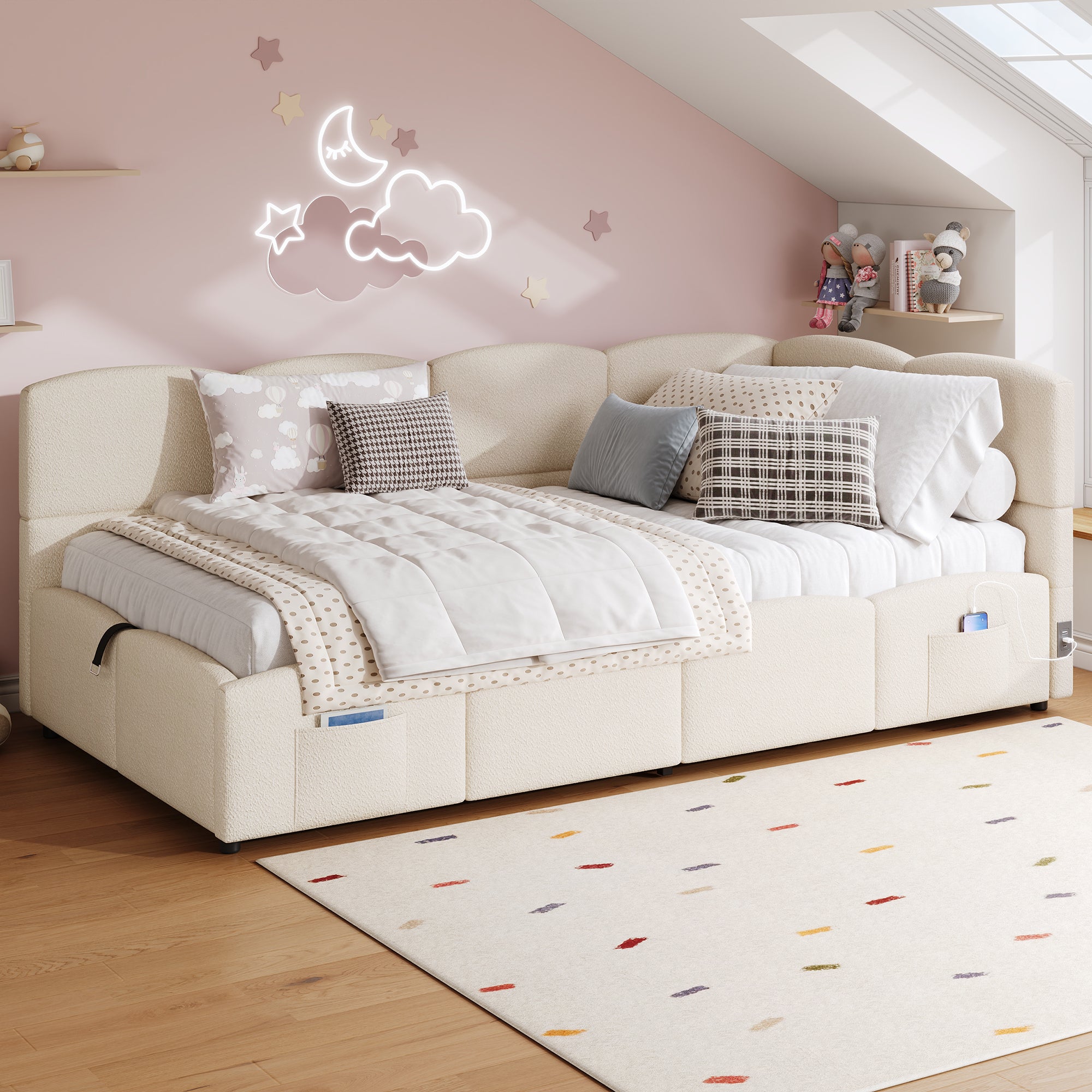 Logidon gestoffeerd bed 90x200 opbergbed slaapbank beige bouclé USB