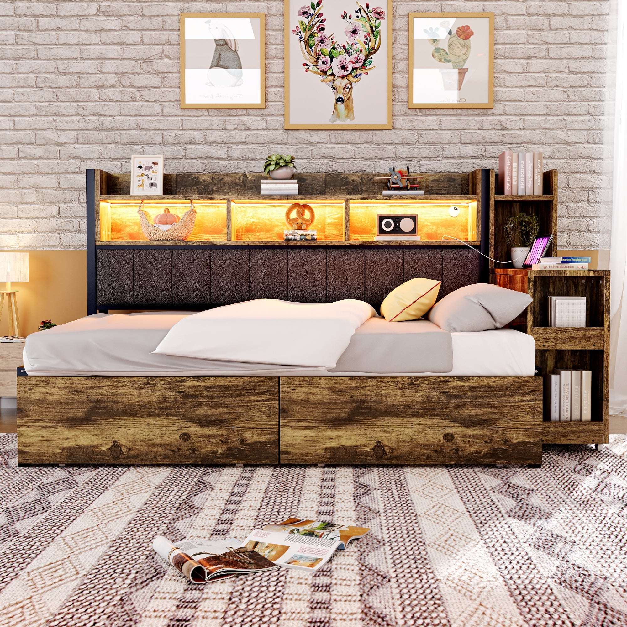 Logidon ijzeren slaapbank 90 x 200 cm houtlook opbergruimte LED