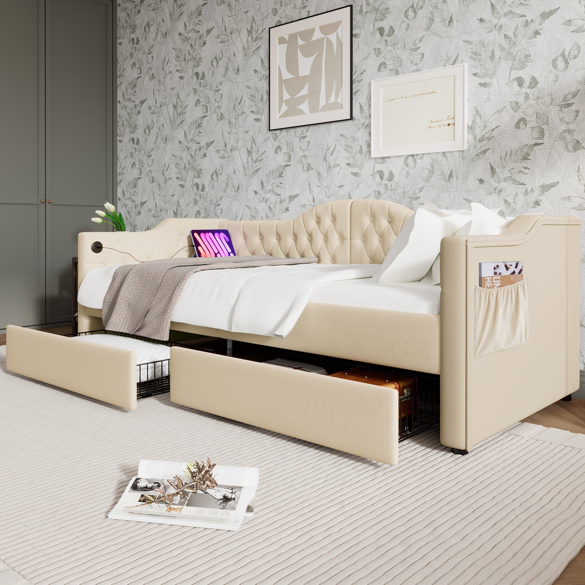 Logidon gestoffeerde slaapbank 90x200 beige USB-oplaadfunctie 2 compartimenten