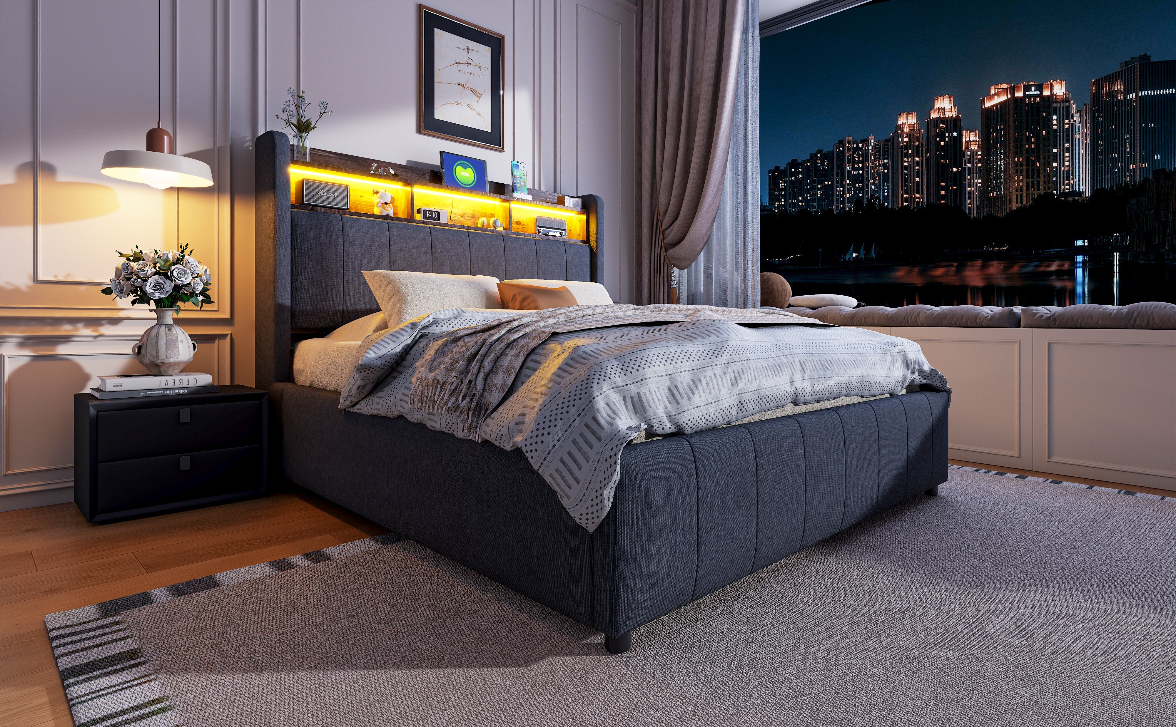 Logidon gestoffeerd bed 140x200 cm grijs met LED verlichting USB opbergruimte
