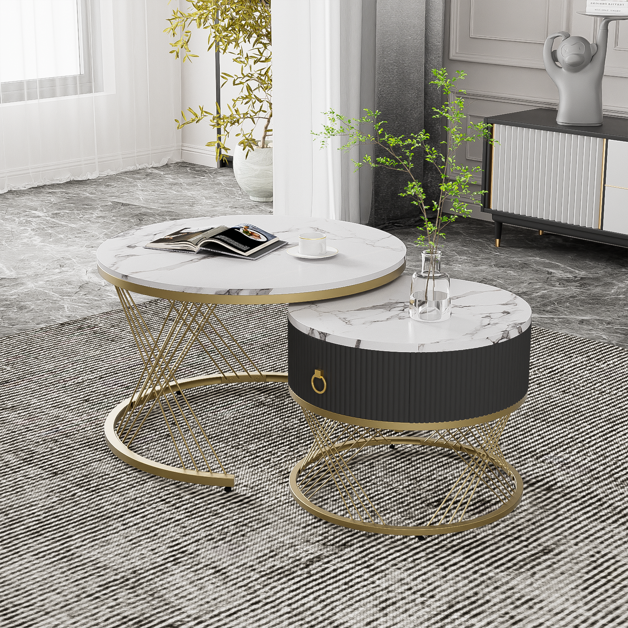Logidon elegante modulaire salontafelset marmerlook witgoud decor set van 2