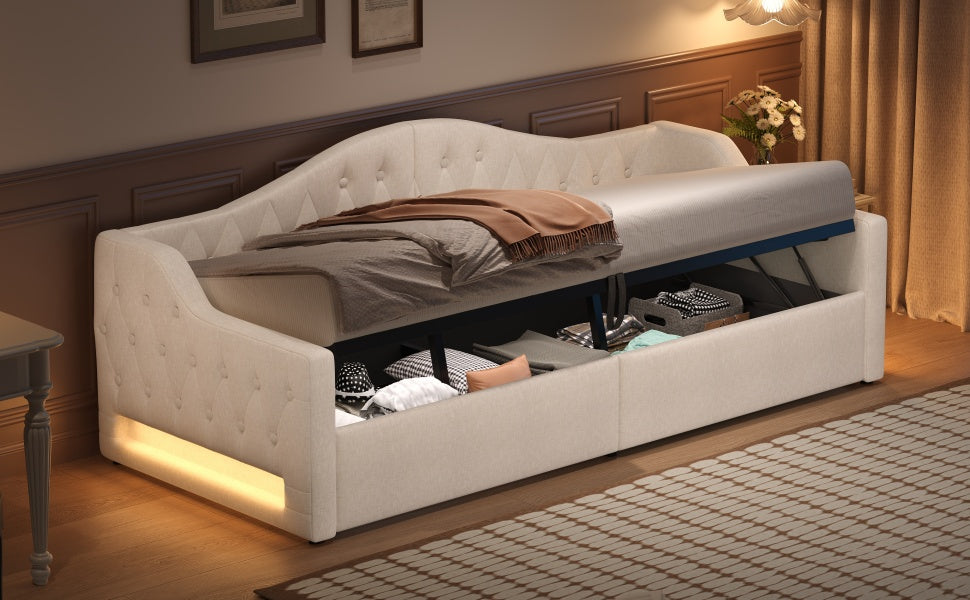 Logidon gestoffeerd dagbed 90x200 beige met opbergruimte met LED-verlichting