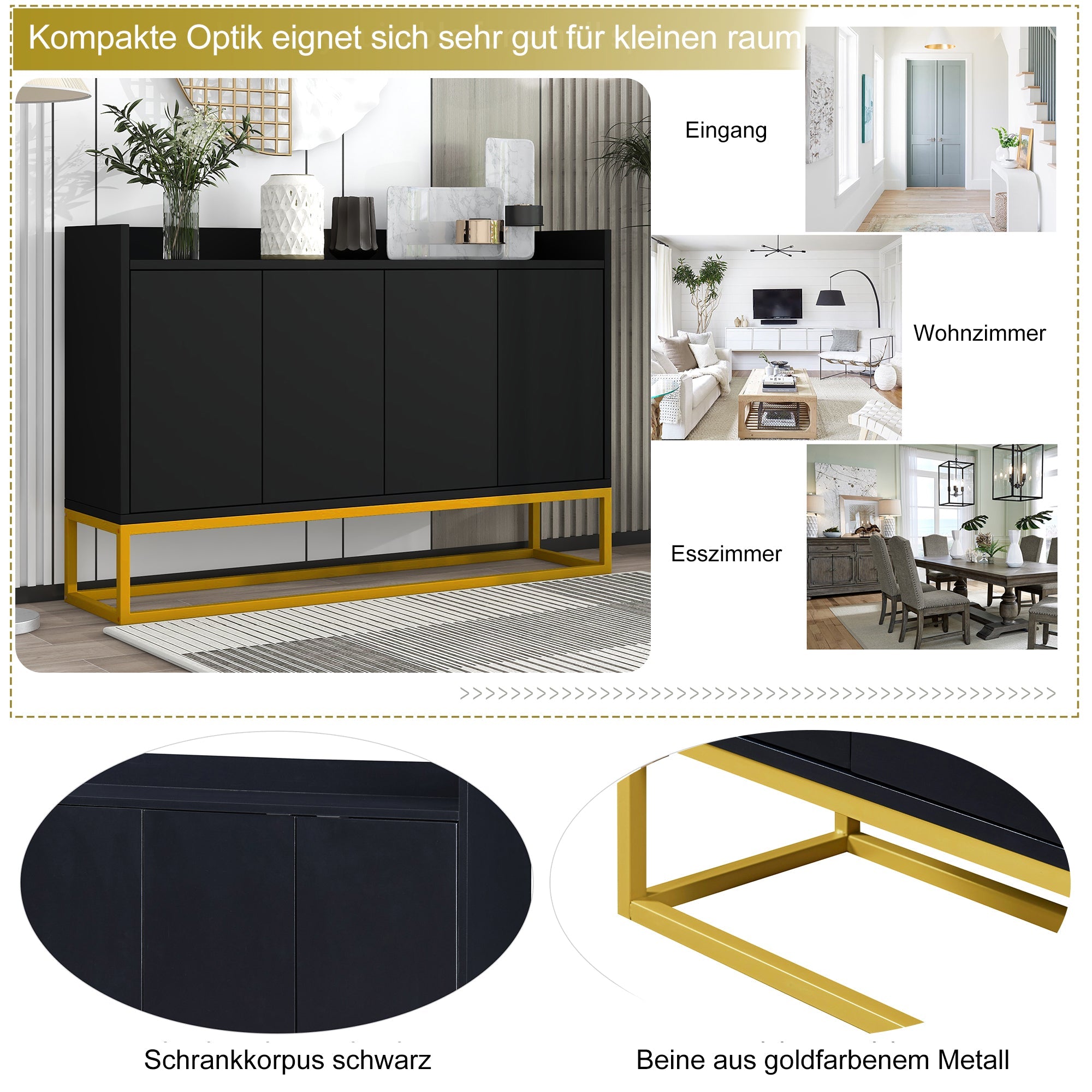 Logidon Modern Dressoir Zwart 4 Deurs Greeploos 120 x 30 x 80 cm