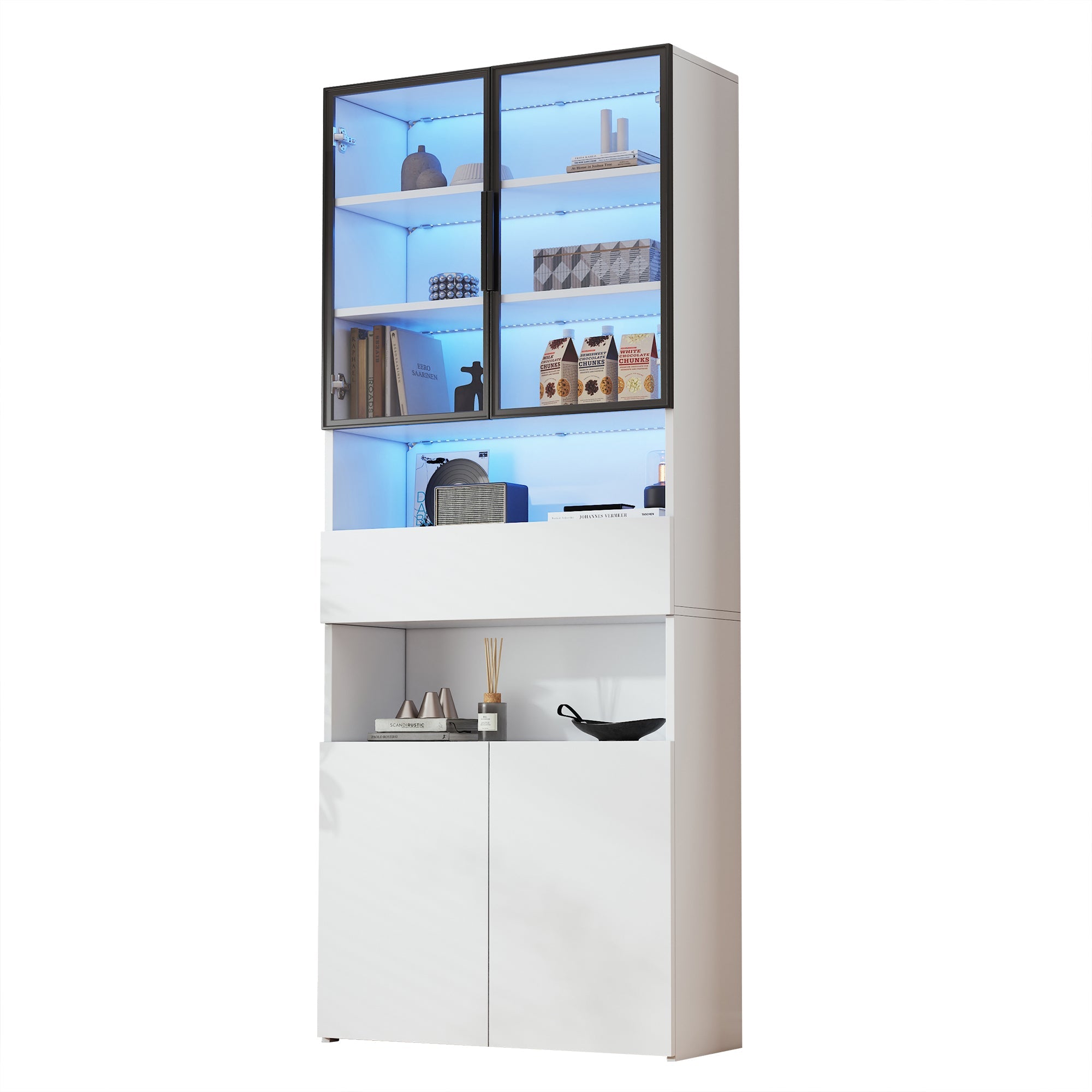 Logidon vitrinekast 70x30x200 cm witte LED glazen vitrinekast met lade