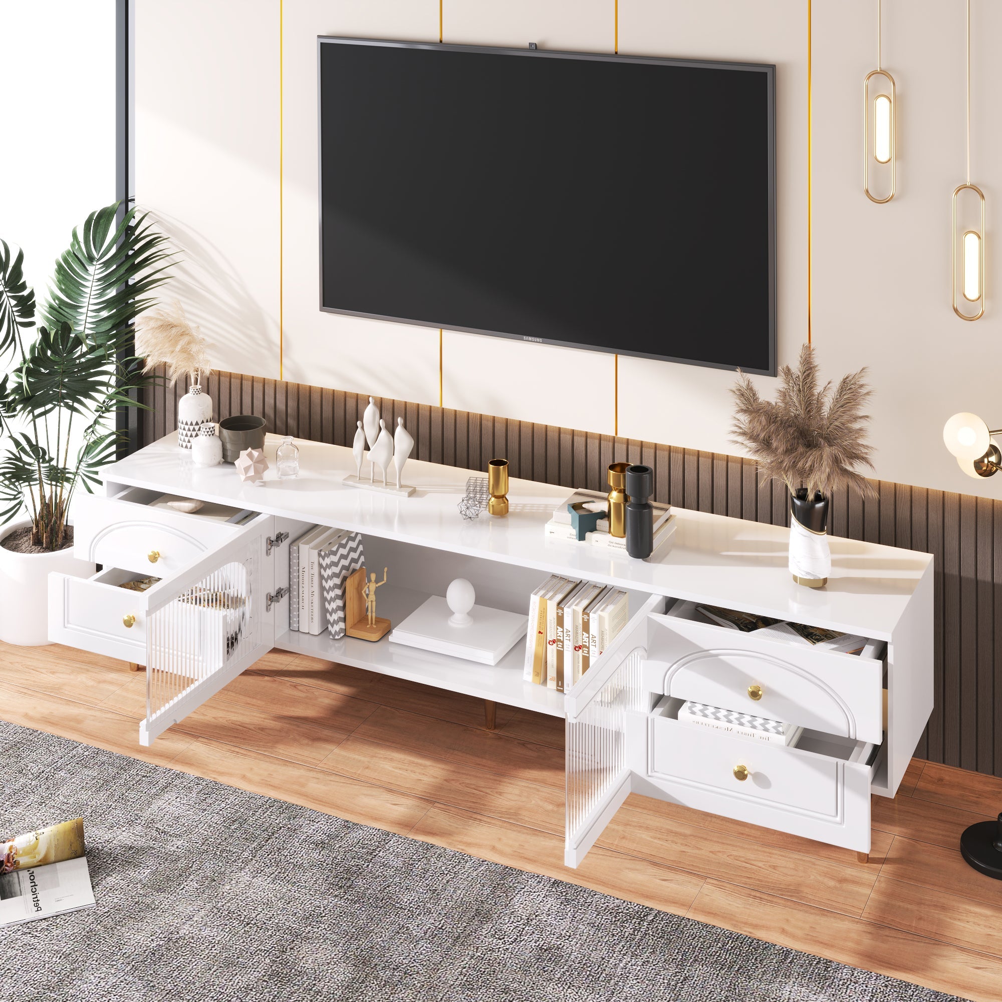 Logidon TV cabinet white with gold handles and feet 175 cm
