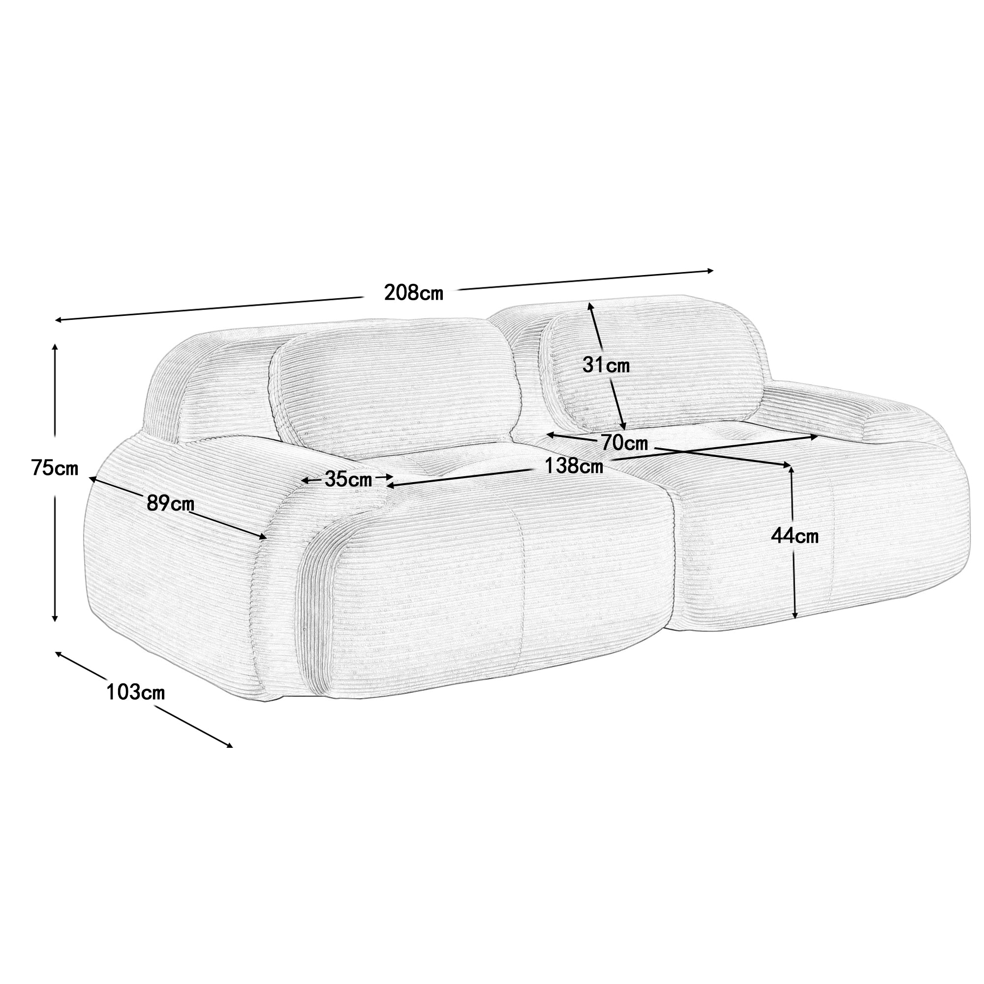 Logidon 208 centimeter loveseat bank grijs corduroy modulair ontwerp