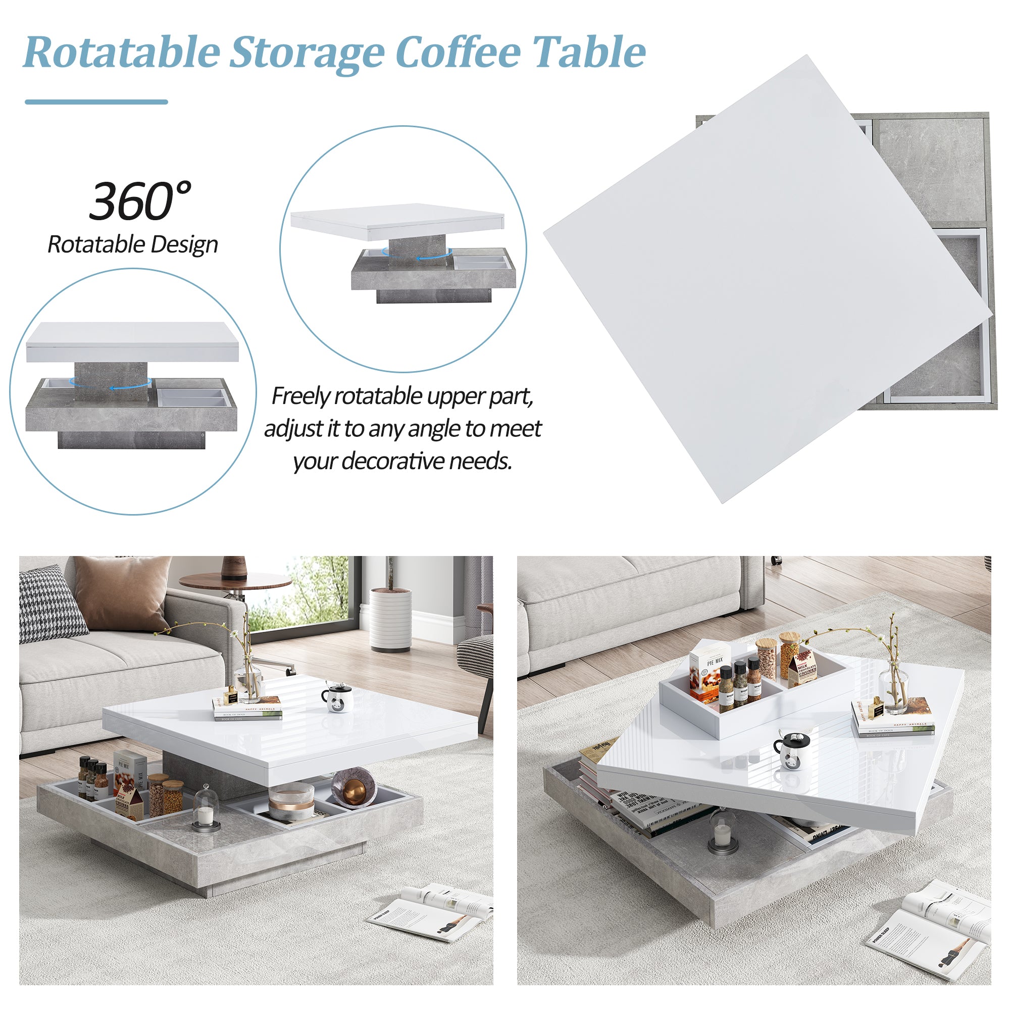 Logidon 360 graden draaibare salontafel 70x70x36 cm wit hoogglans