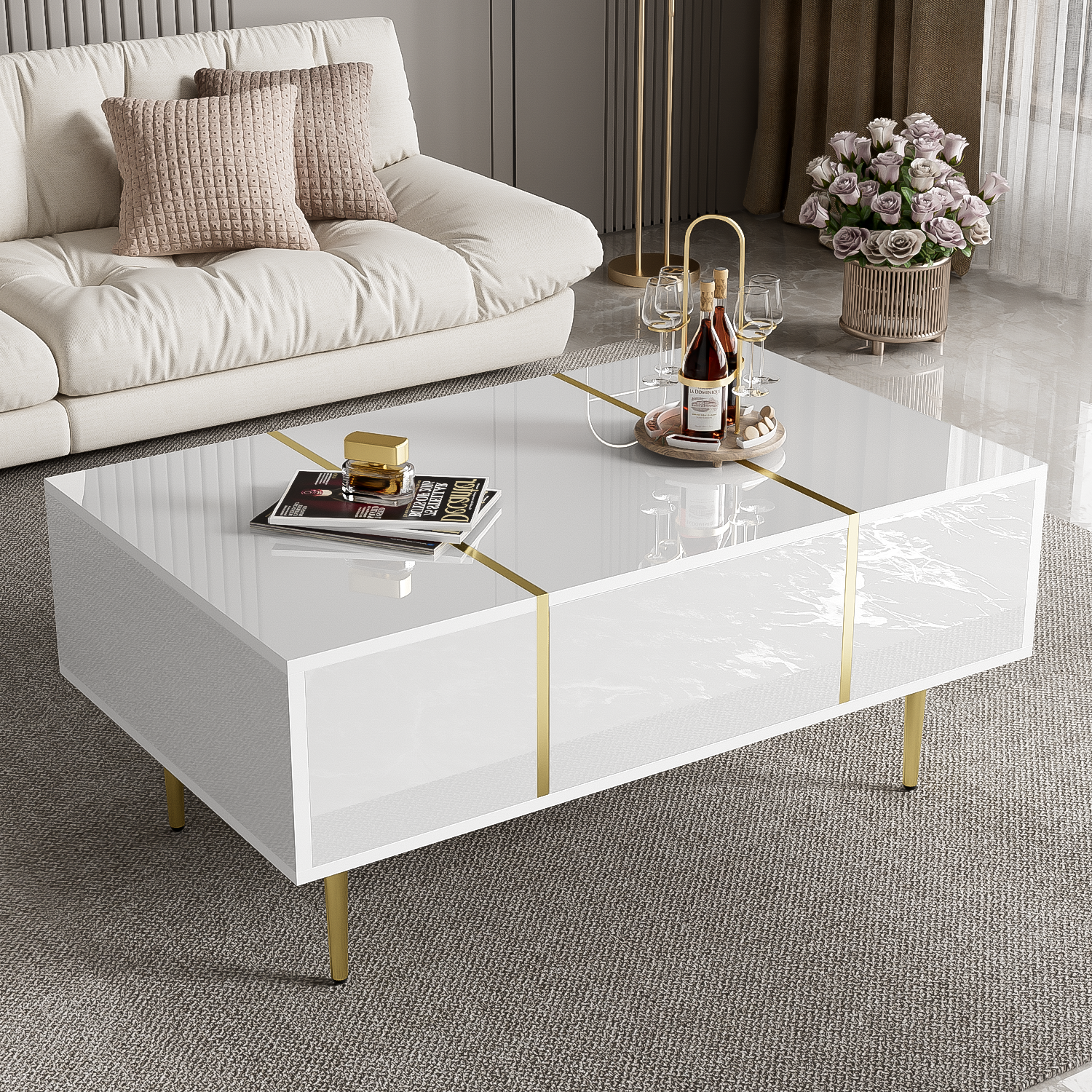 Logidon Witte Hoogglans Salontafel Met Twee Laden 100x60x41,5 cm