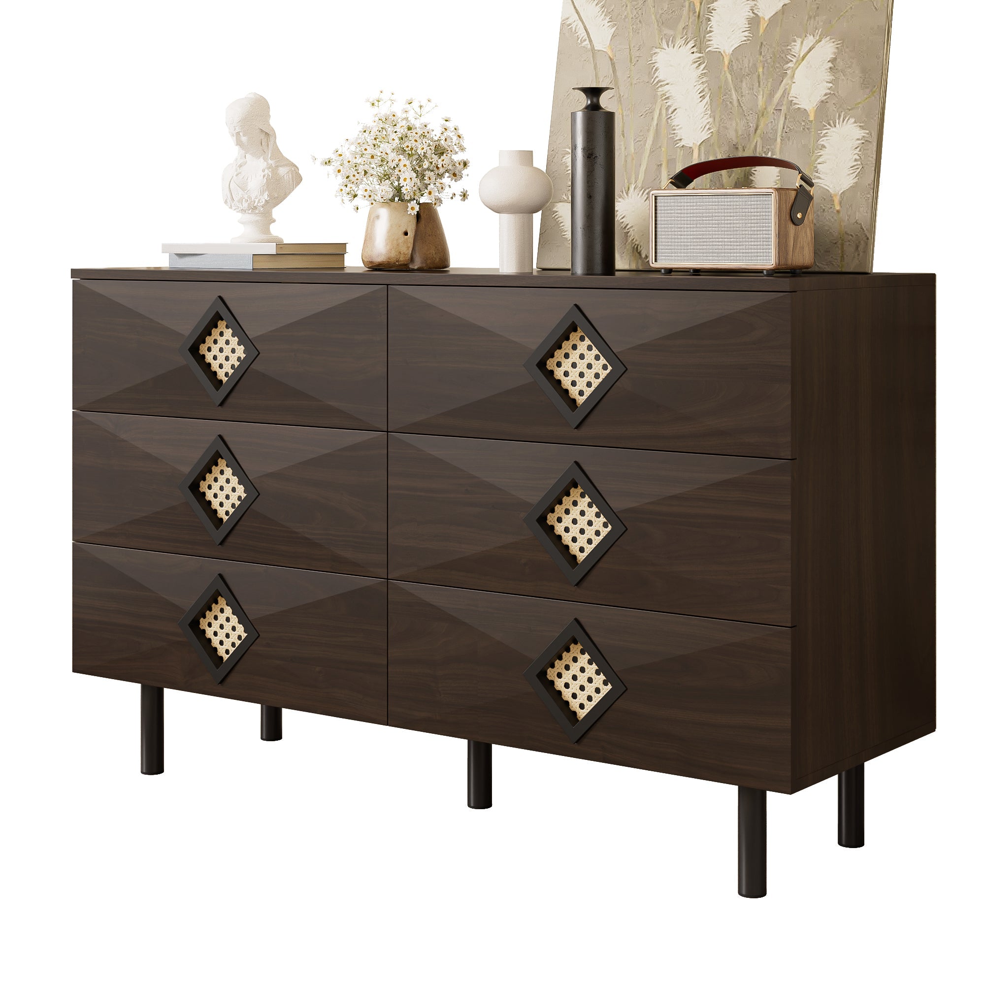 Logidon Elegante kaptafel met 6 laden, walnoot met rotan handvat