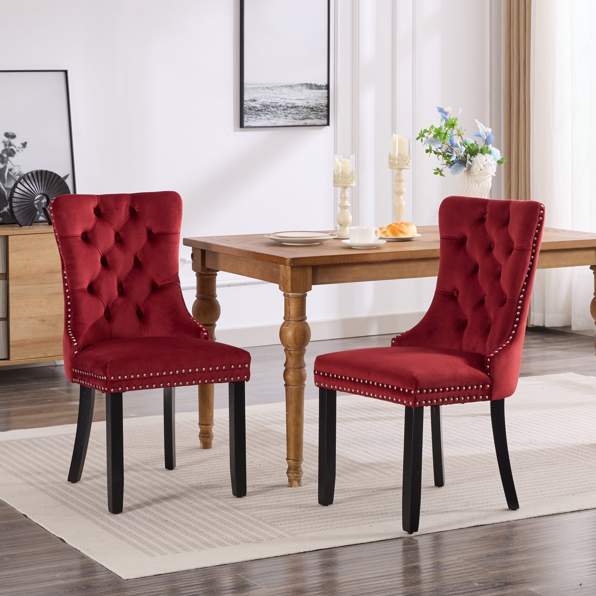 Logidon Velvet Dining Chair Set 2 Burgundy Nail Trim